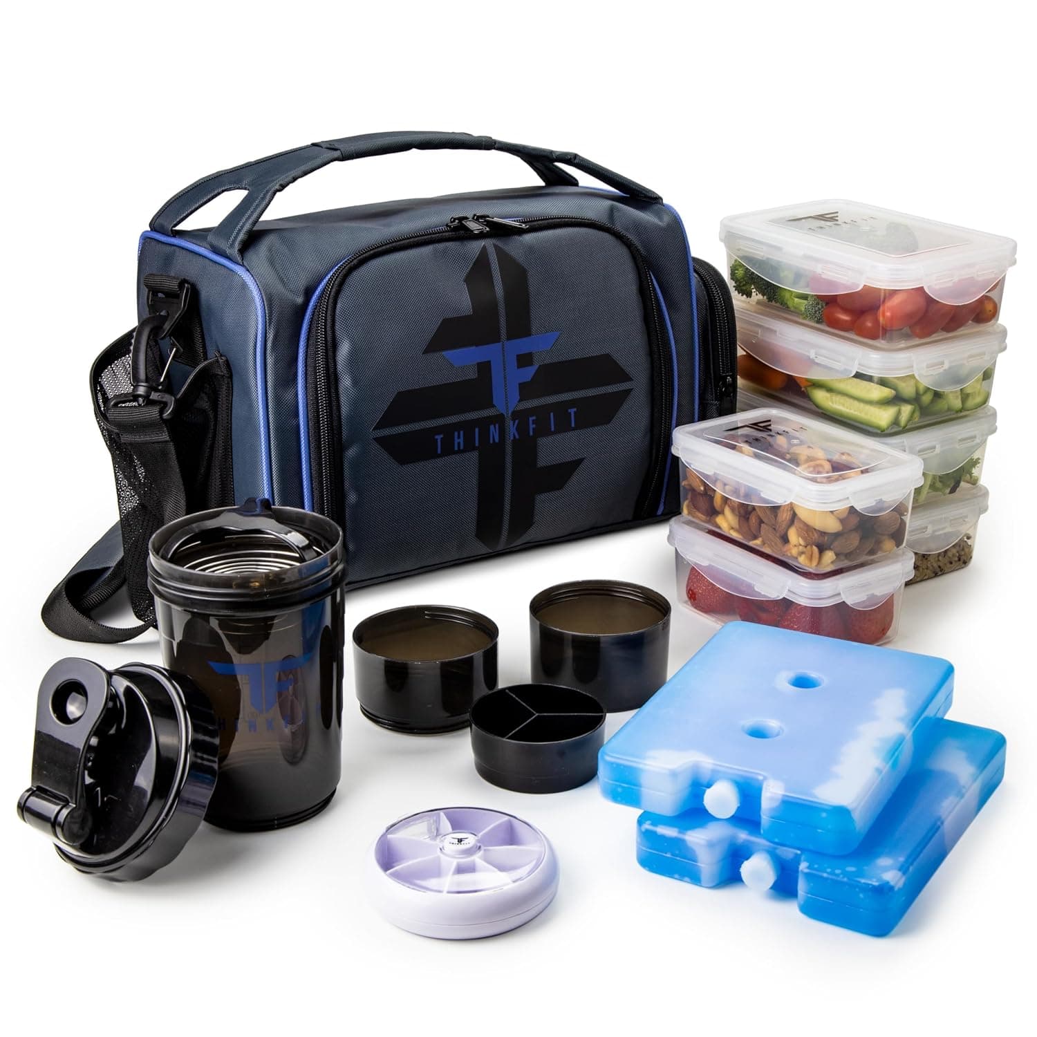 ThinkFit Insulated Meal Prep Lunch Box with 6 Portion Control Containers - BPA Free, Reusable, Microwave and Freezer Safe - with Shaker Cup, Pill Organizer, Shoulder Strap and Storage Pocket (Black