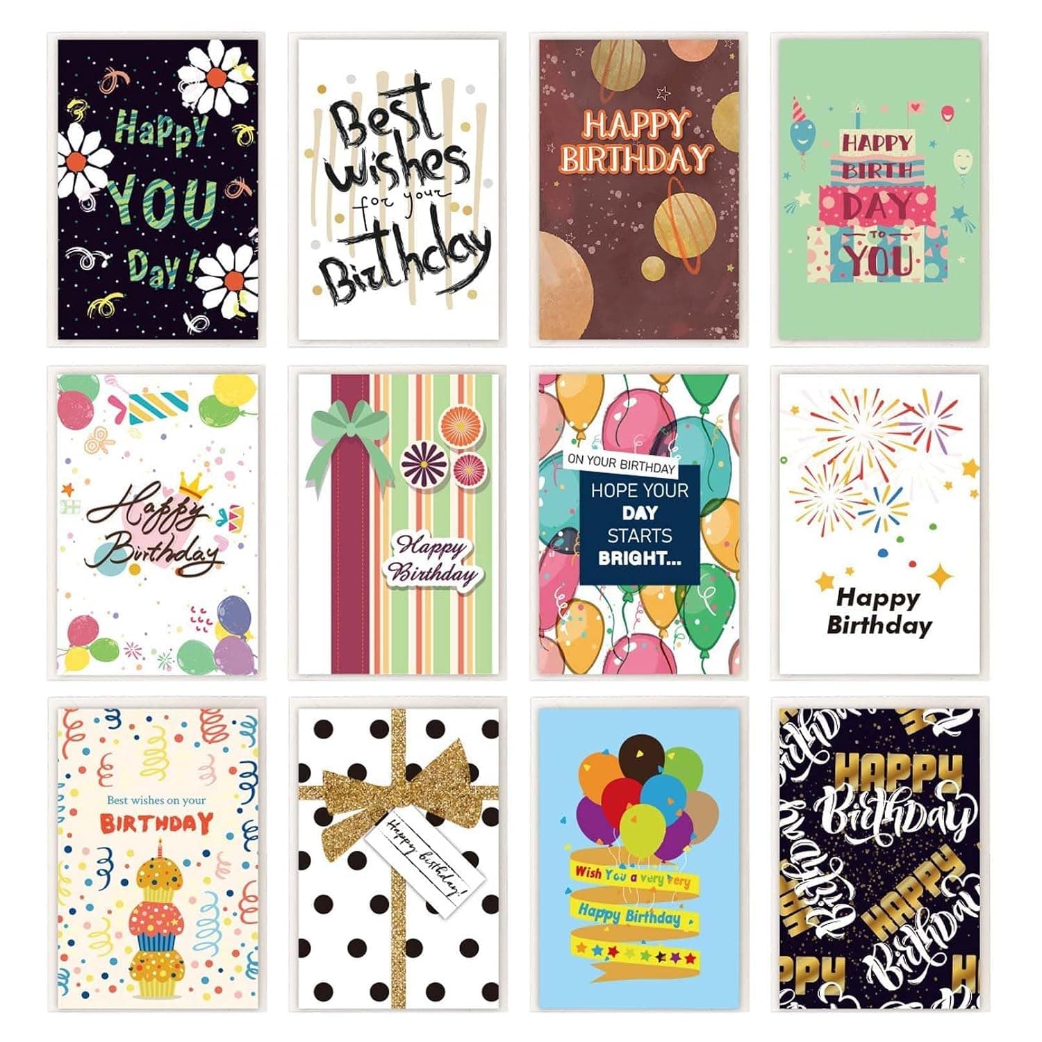 12 Pack Assorted Birthday Cards Multipack for Festival & party, Premium Quality Greeting Cards Bulk Set with Envelopes, Blank Inside, Eco-Friendly Stationery for Family Celebrations