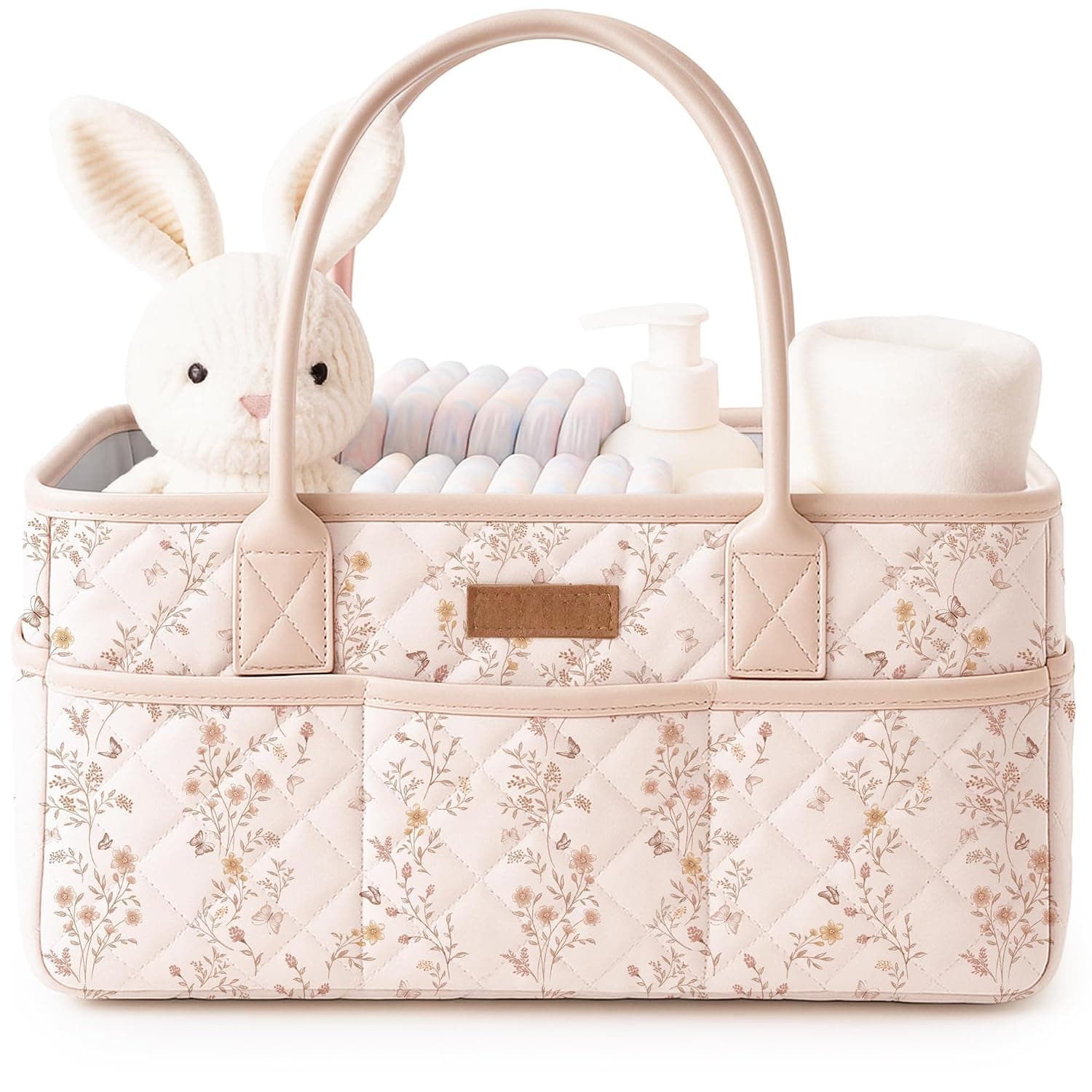 Baby Diaper Caddy Organizer, Floral Design with PU Leather Handles | Quilted, Water-Repellent, Diaper Caddy Basket with Removable Dividers, Baby Registry Must Have, Newborn Essentials (Floral)