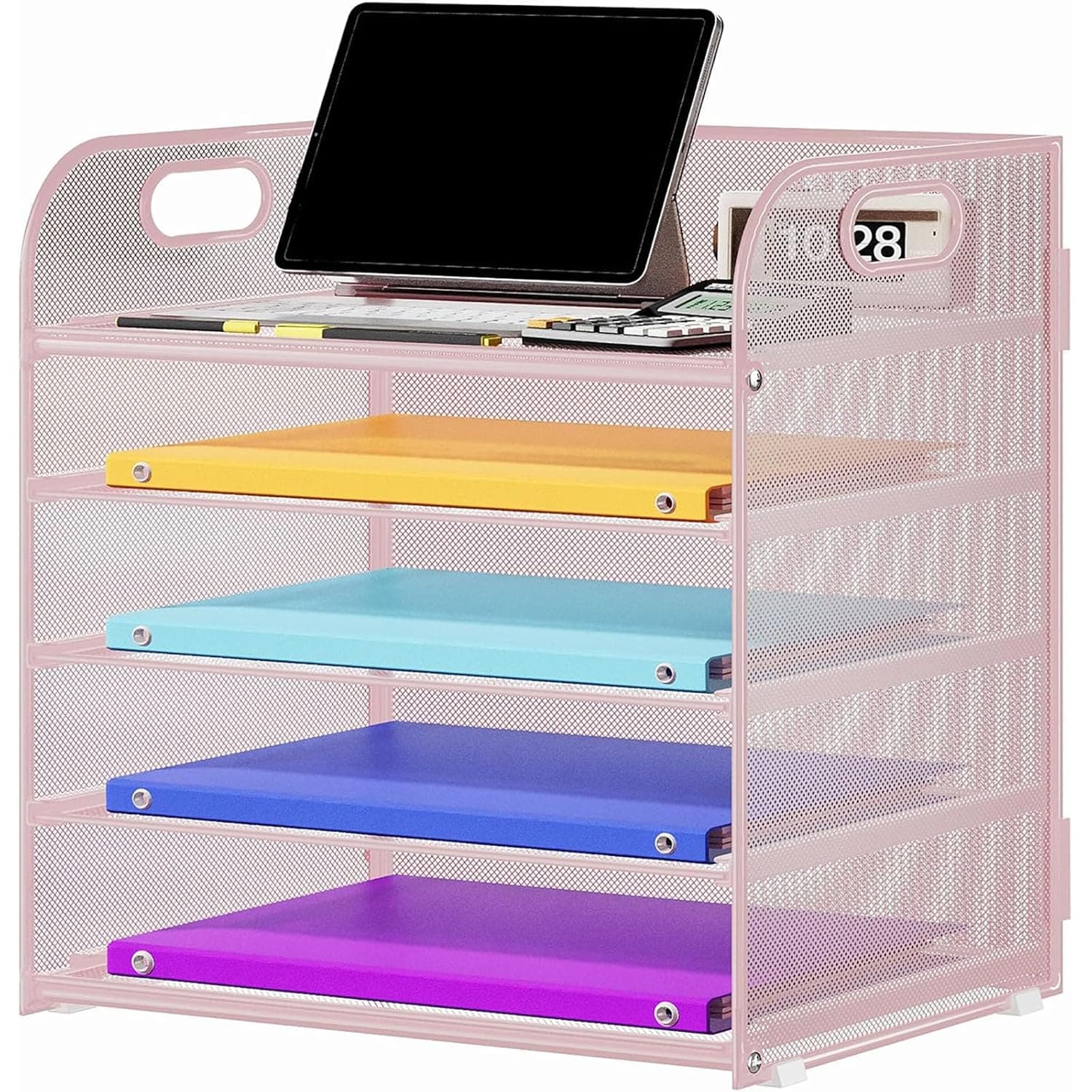 Tazweeq 5 Tier Mesh Desk File Organizer, Metal Paper Letter Sorter Holder with Portable Handle, Desktop Document Storage Rack for Home Office Classroom Supplies