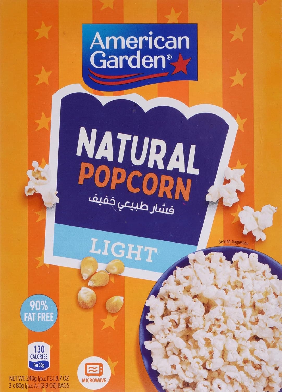 American Garden Microwave Natural Lite Popcorn, Gluten Free, 240g