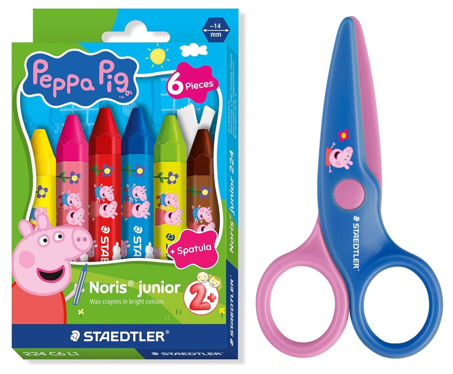 STAEDTLER Noris Junior Peppa Pig Set of 6 Jumbo Wax Crayons Set and Children's Scissors with Rounded Tips for First Craft Exercises