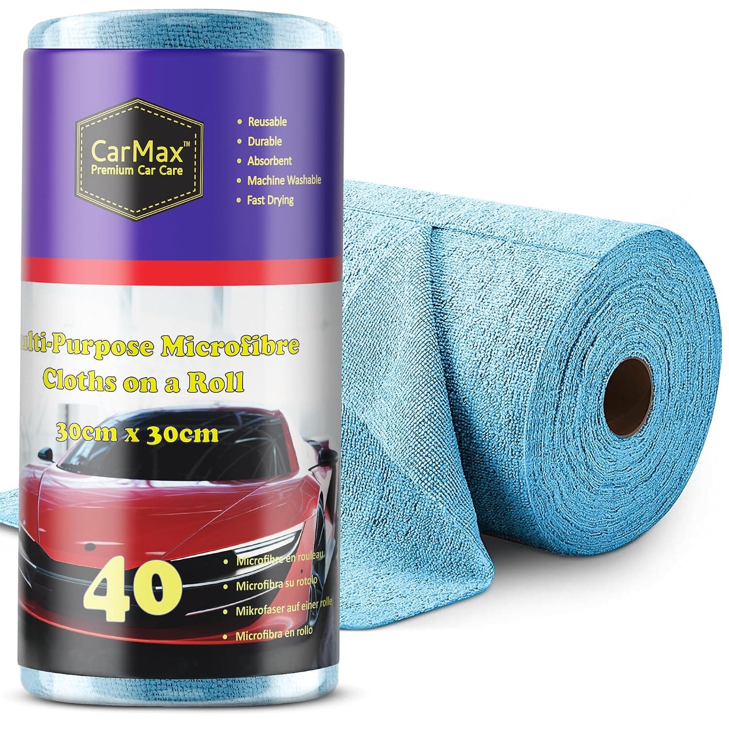 Carmax Premium Car Care - Multi-Purpose Blue Cleaning & Drying Microfibres on a Roll- reusable microfibre towels 30cm x 30cm on tear-off roll - (40)