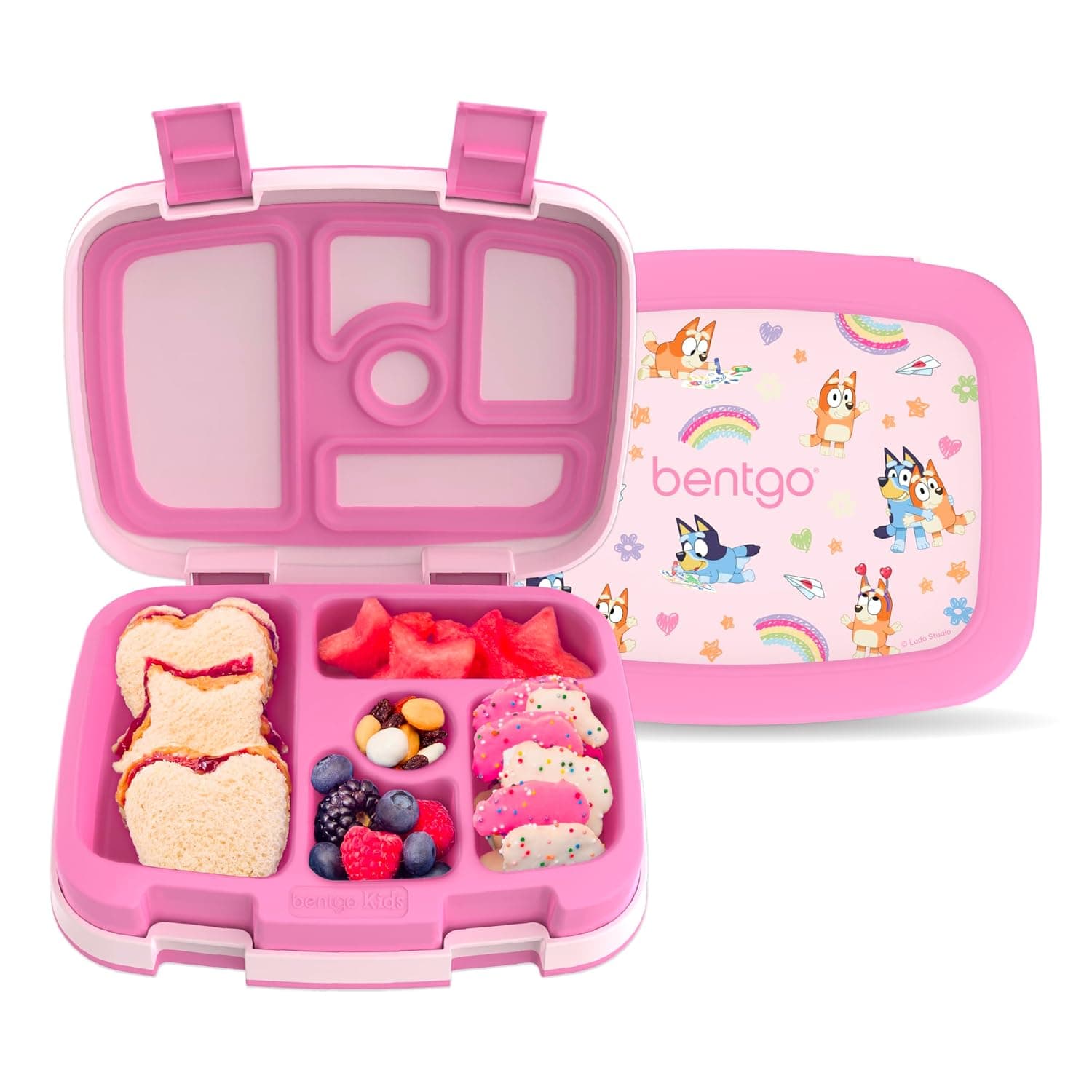 Bentgo + Bluey Kids Prints Leak-Proof, 5-Compartment Bento-Style Kids Lunch Box - Ideal Portions for Ages 3-7, Durable, Drop-Proof, Dishwasher Safe, & PFAS & BPA-Free Materials (Hearts & Crafts)