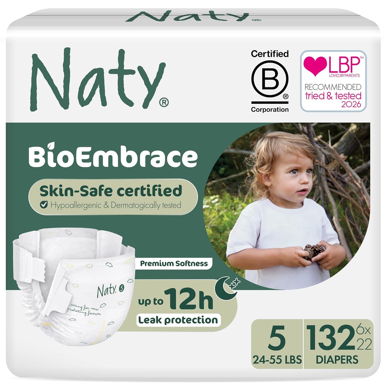 Naty BioEmbrace Baby Diapers Size 5 (24–55 lbs) | 100% Biobased on Skin | Plant-Based Softness | Dermatologically Tested, Super Absorbent | 132 Count | Hypoallergenic for sensitive skin, Up to 12 hours leak protection, Absorbent, Vegetable softness, Premium comfort