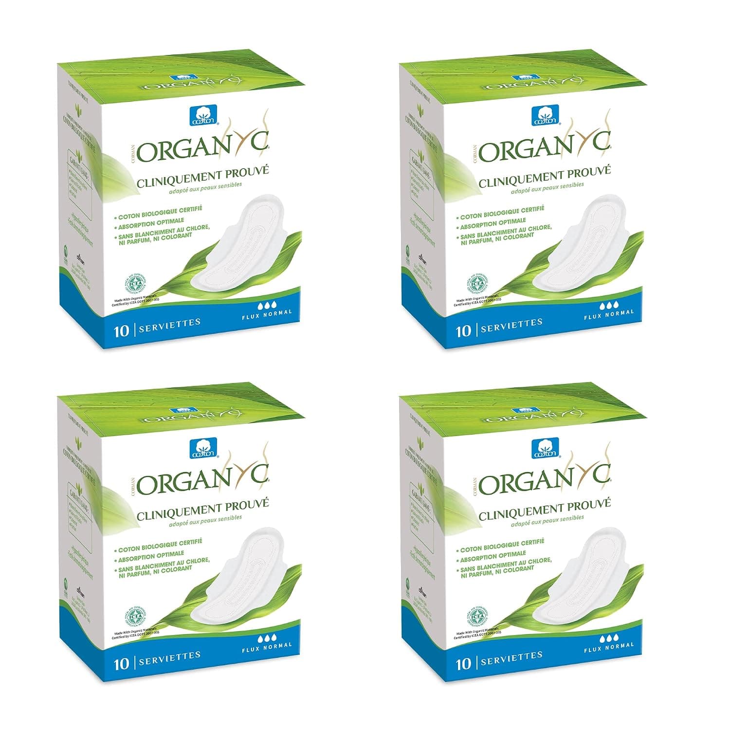 Organyc, Sanitary Towels With Wings 100% Certified Organic Cotton - 4 Packs Of 10 Towels (Total: 40 Units)