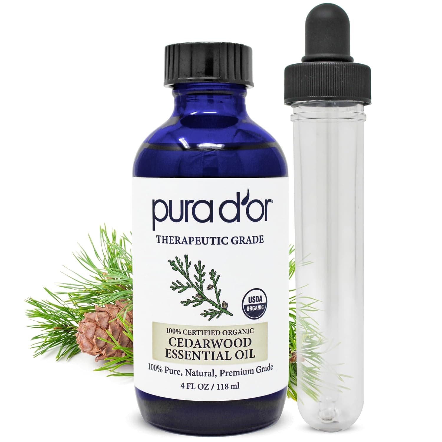PURA D'OR Organic Cedarwood Essential Oil (4oz with Glass Dropper) 100% Pure & Natural Therapeutic Grade For Hair, Body, Skin, Aromatherapy Diffuser, Relaxation, Massage, Relief, Odors, Home, DIY Soap