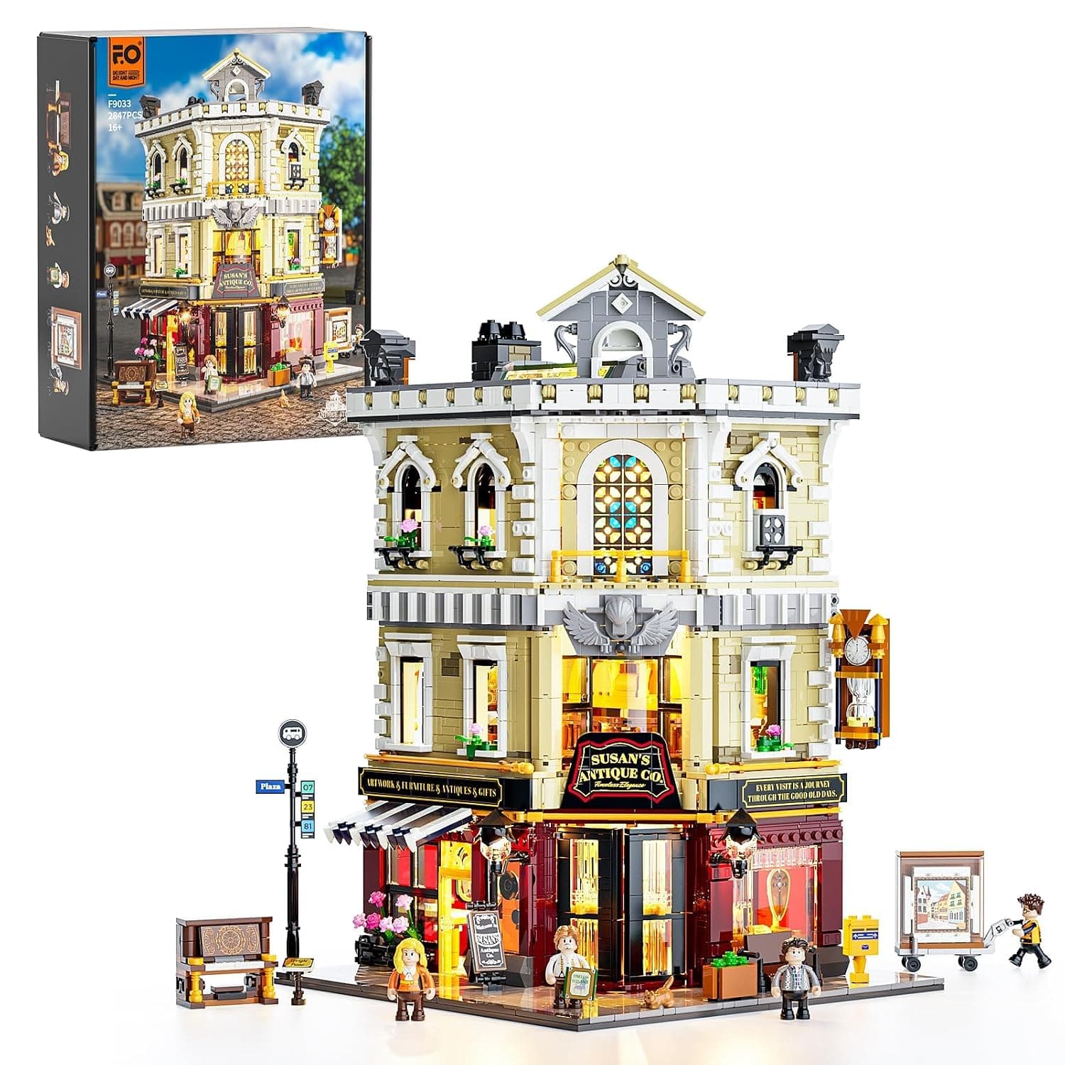 FUNWHOLE Antique Shop Lighting Building Block Set - City Life Corner Shop LED Light Construction Kit Model Set 2847 Pieces for Adults and Teenagers