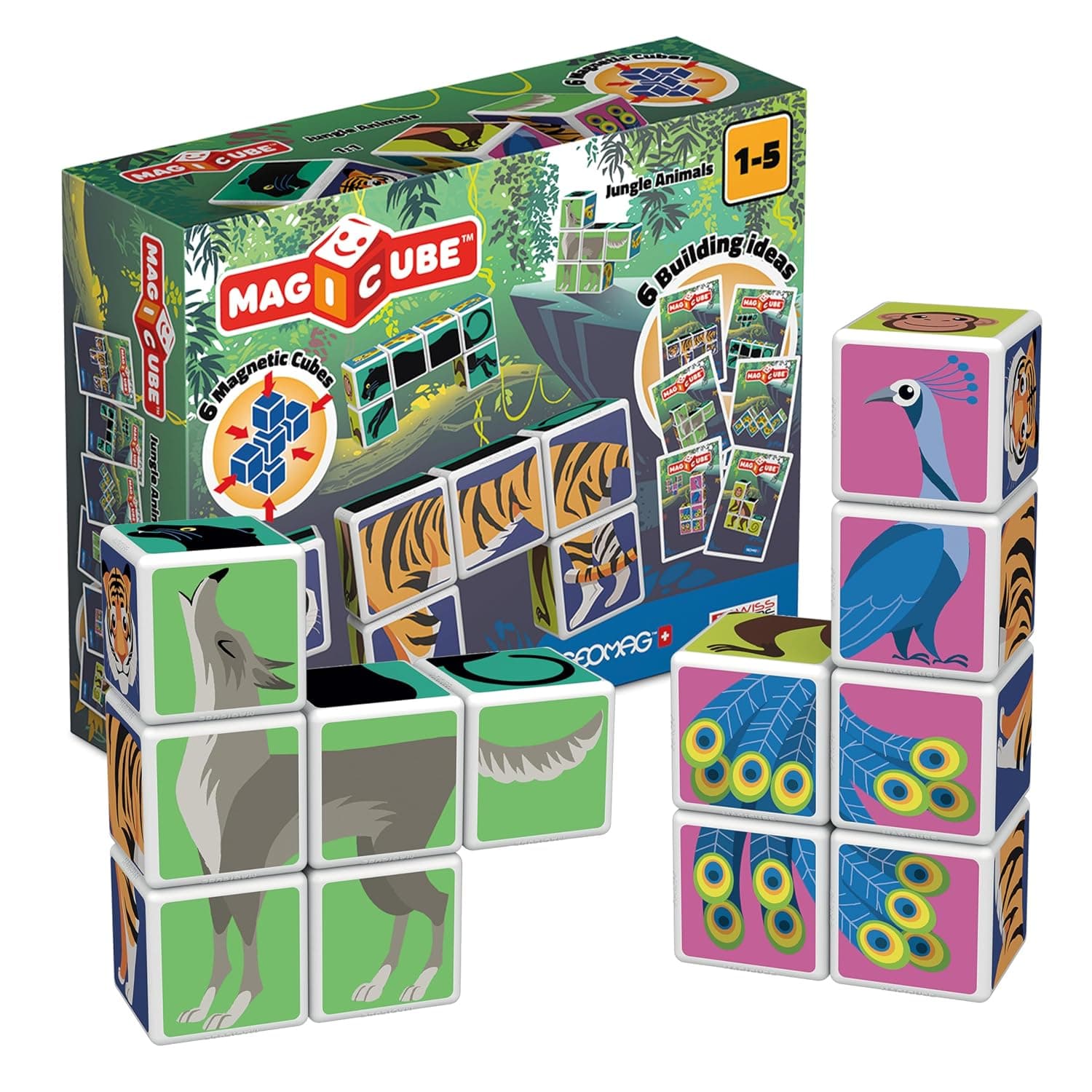 Geomag Magicube Jungle Animals Printed + Cards, STEM & Educational Magnetic Construction Toy, Made in Switzerland, 100% Recycled Plastic, Open-Ended Building Blocks, 6 Pieces, Ages 3+