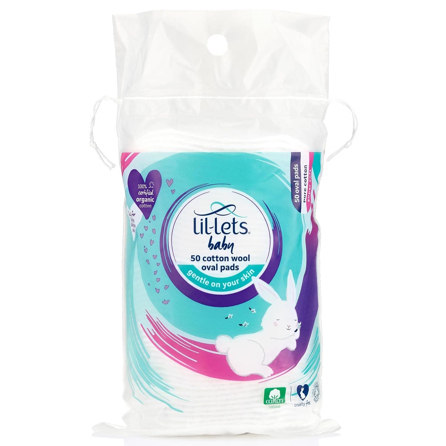 Lil-Lets Baby Cotton Wool Oval Pads, Certified Organic, 100% Pure Cotton Wool, Soft and Absorbent, Gentle on Baby's Delicate Skin, Dermatologically Tested, Ideal for Newborns, Pack of 50 Oval Pads