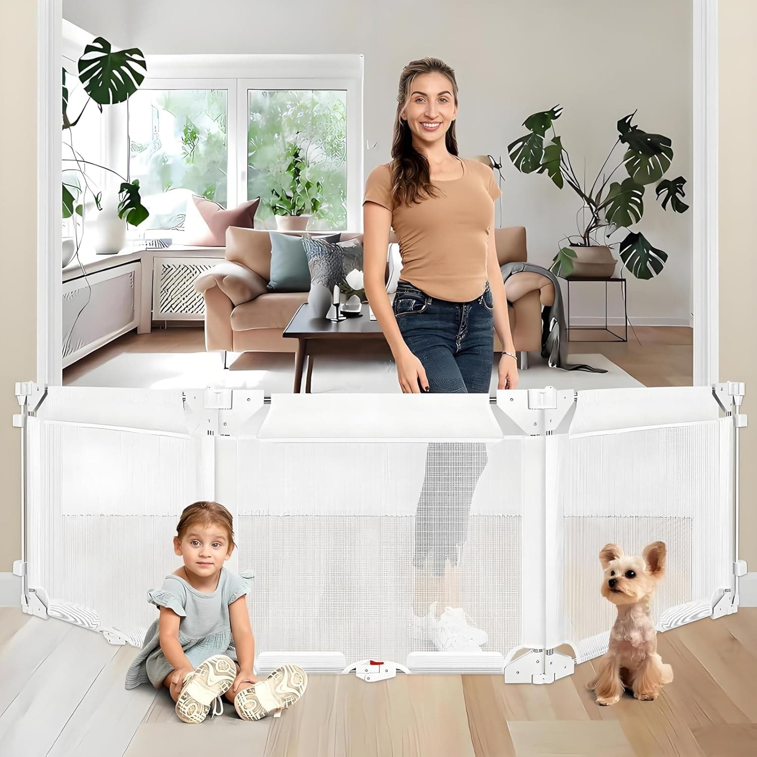 Extra Wide Baby Safety Gate 3-Panel Foldable Dog Pet Gates for Doorways, Durable Punching Installation, Adjustable Kids Barrier for Kitchen, Stairs, Indoor & Outdoor (White, L)