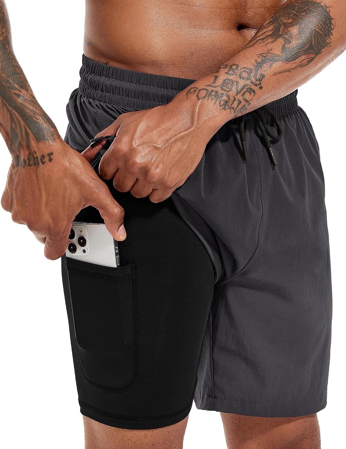 Men's Long 2-in-1 Swimming Shorts with Compression Quick-Drying Breathable Swim Shorts with Zip Pocket Adjustable Drawstring