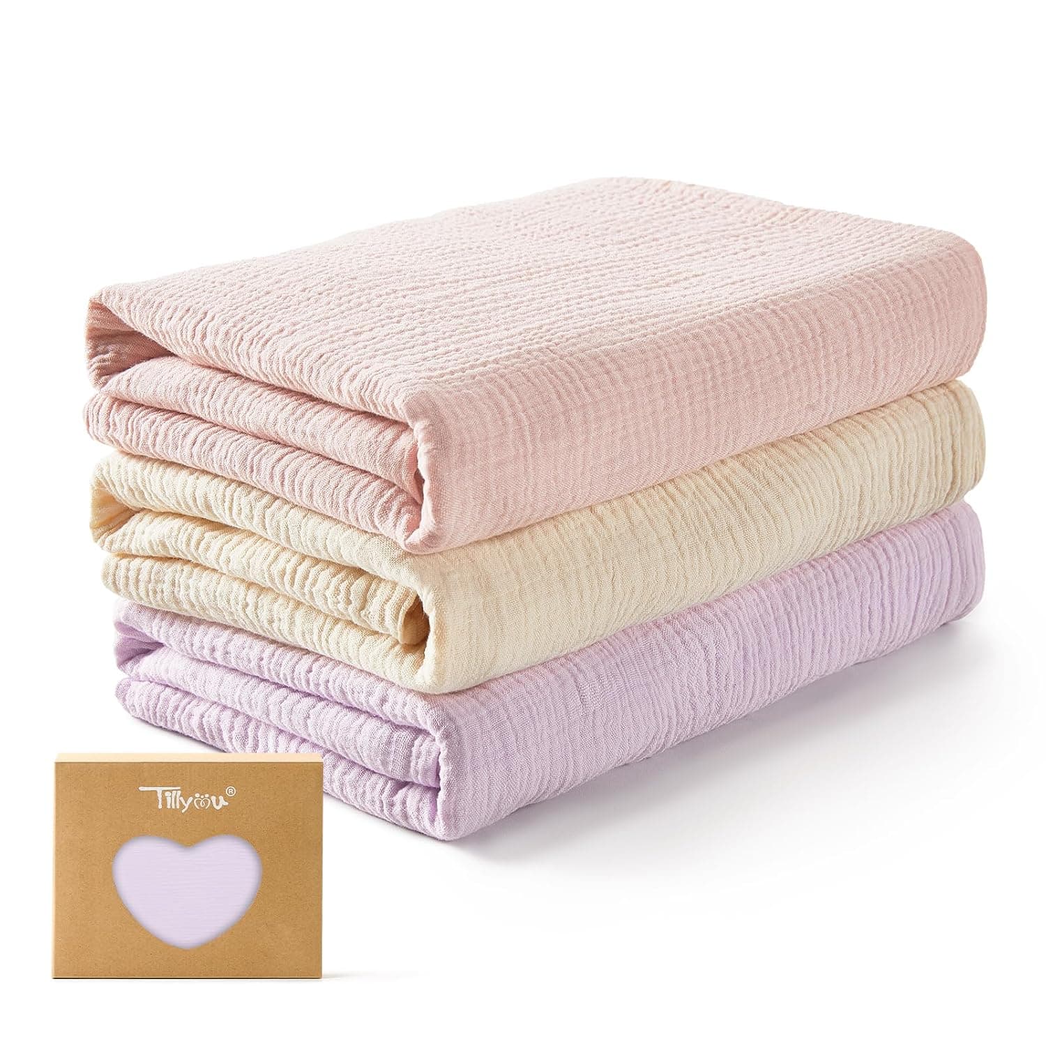 TILLYOU 3 Pack Muslin Swaddles for Newborns, Breathable and Soft Baby Blankets for Girls Boys, Cotton Blanket Baby Wrap Swaddle 47"X47", Pink Purple