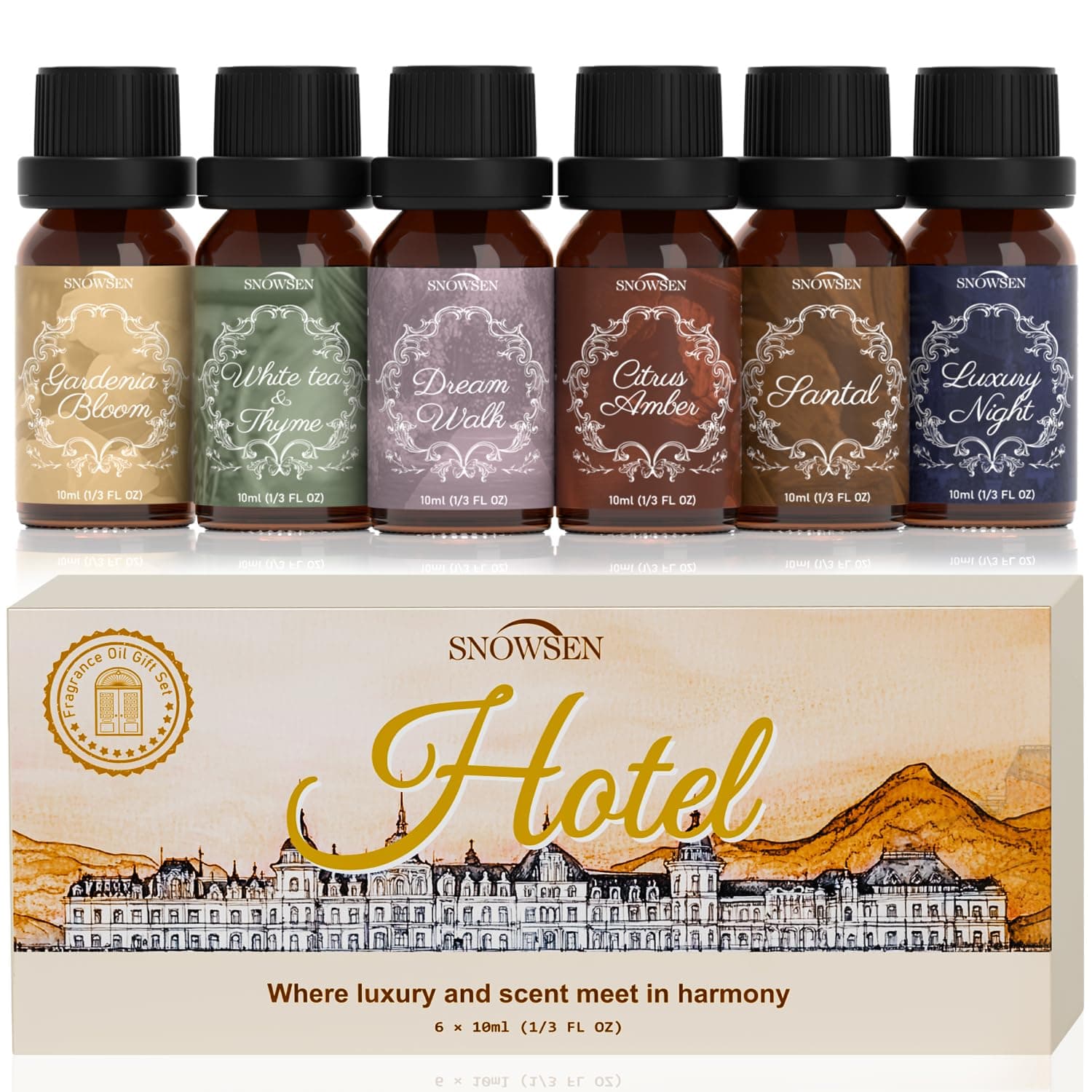 Hotel Essential Oil Set Collection—Santal, Luxury Night, White Tea & Thyme, Gardenia Bloom, Dream Walk, Citrus Amber, Essential Oils for Diffuser, Candle & Soap Making, Fragrance Oils Scents