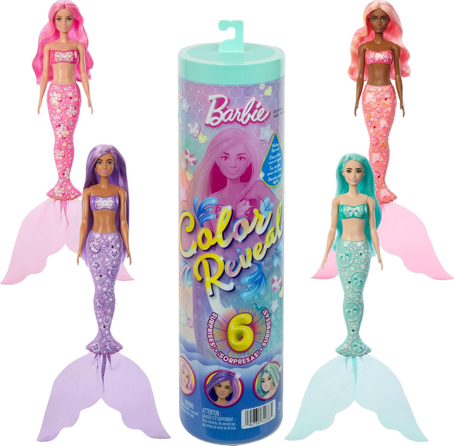 Barbie Color Reveal Range Mermaid Doll and Accessories with 6 Surprises Including Colour Changing and Pendant (Styles May Vary) JMW61 | 6 surprises including colour change and charms (styles vary), JMW61