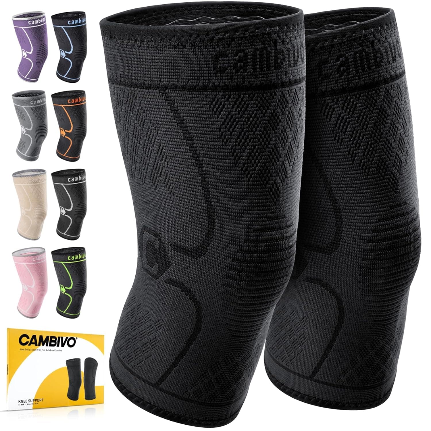 CAMBIVO 2 Pack Knee Brace, Knee Compression Sleeve for Men and Women, Knee Support for Running, Workout, Gym, Hiking, Sports (Black,Medium)