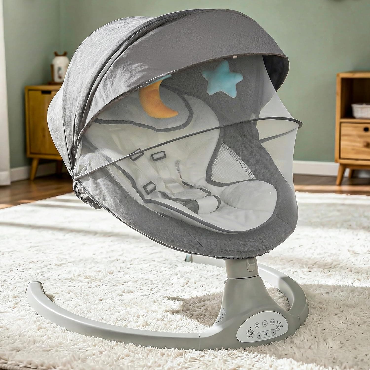 Baybee Premium Automatic Electric Baby Swing Cradle for baby with 5 Swing Speed, Soothing Vibrations & Music | Rocker with Mosquito Net, Safety Belt & Removable Toys (Light Grey)