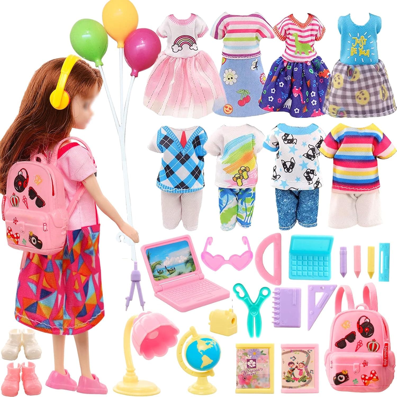 28 PCS 6 inch Doll Clothes Accessories for Doll 3 Girl Dresses 3 Boy Outfits Mini Ballons and 19 Pcs Study Supplies 2 Pair of Shoes in Random Birthday Gifts for Kids