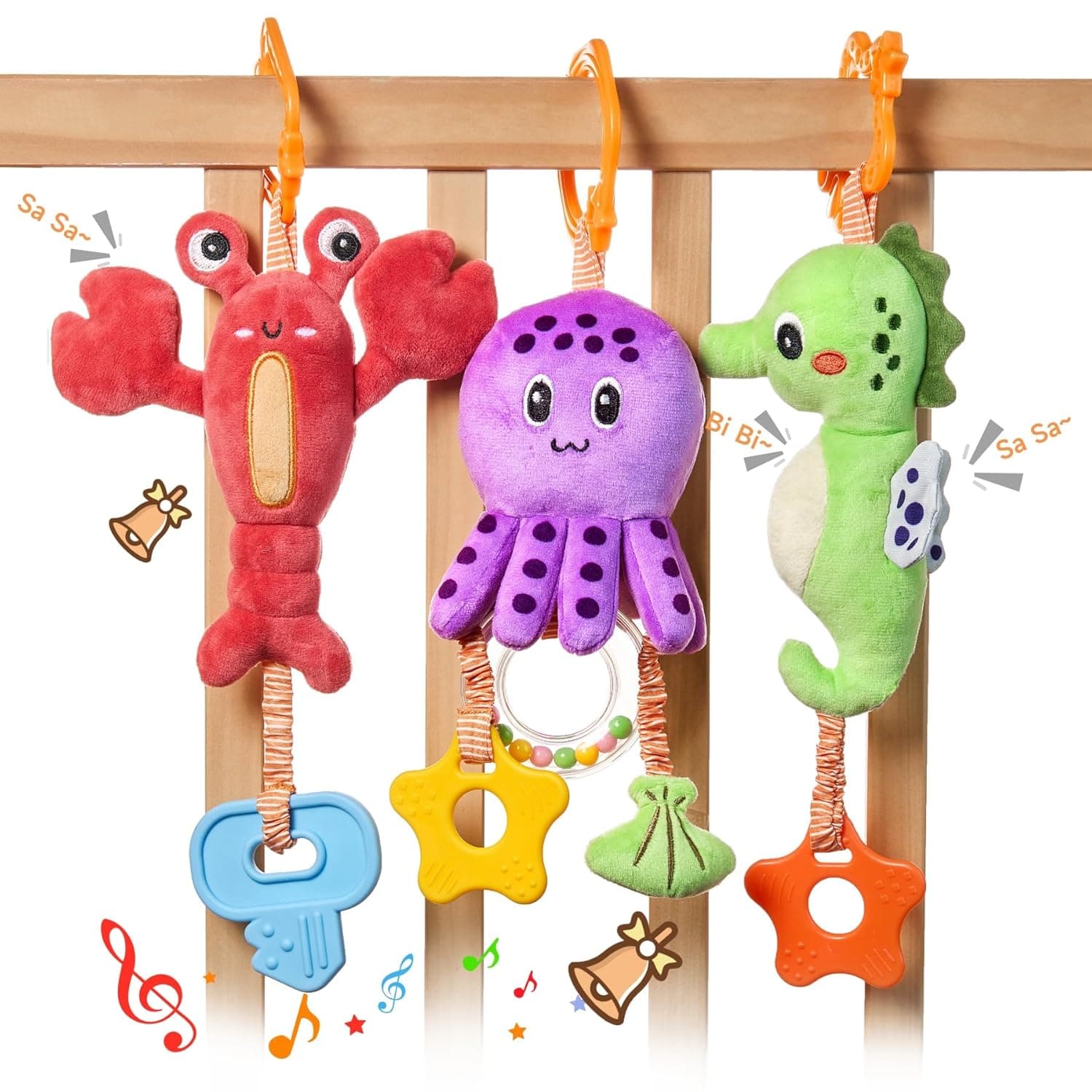 TUMAMA KIDS Baby Hanging Stroller and Car Seat Toys, Soft Marine Animal Plush Infant Rattles with Wind Chimes, Crinkle Sensory Learning Toy for Newborns 0 Month and up