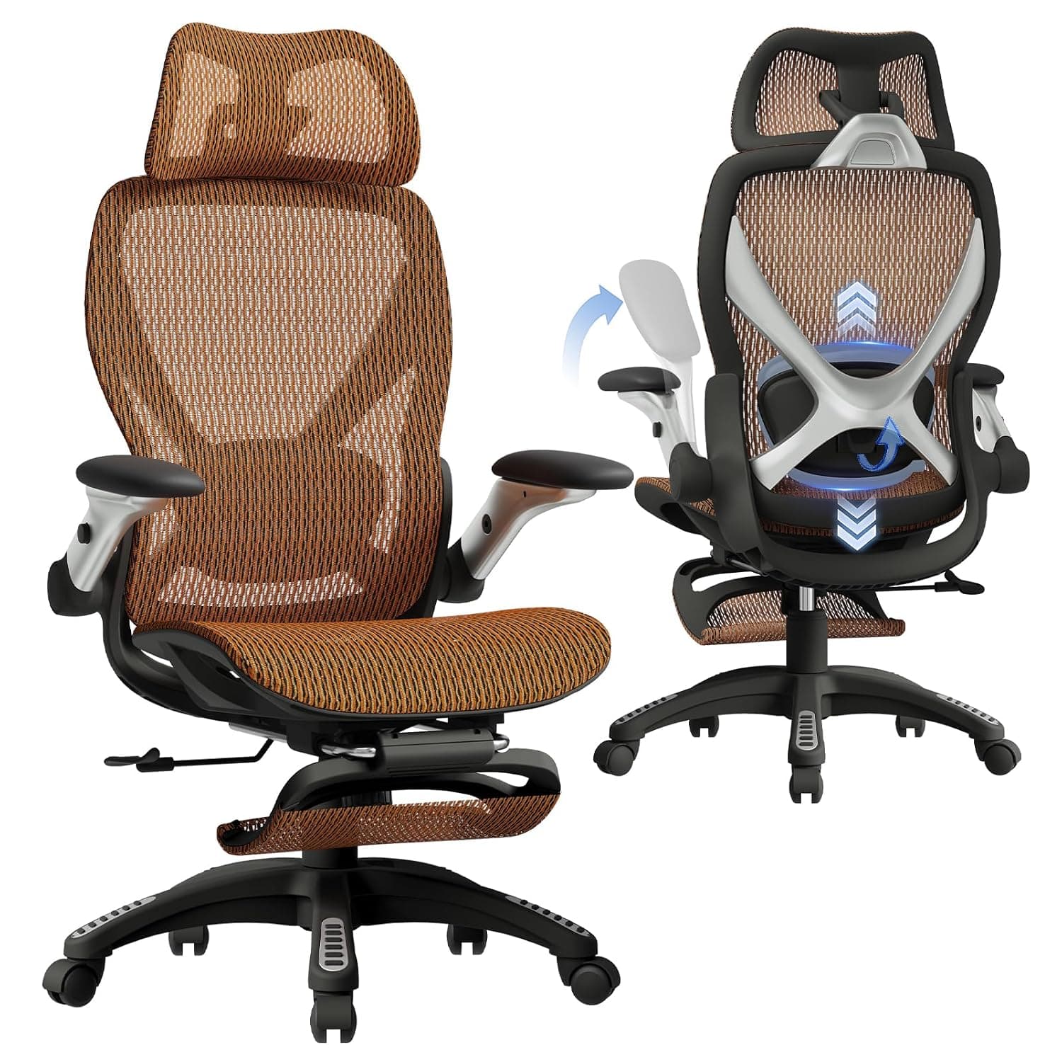 ELABEST X100 Ergonomic Mesh Office Chair with Footrest, Big and Tall Home Desk Chair with 5D Flip-Up Arms, Adjustable 3D Lumbar Support, Gaming & Executive Computer Chair (Tangerine Burst)