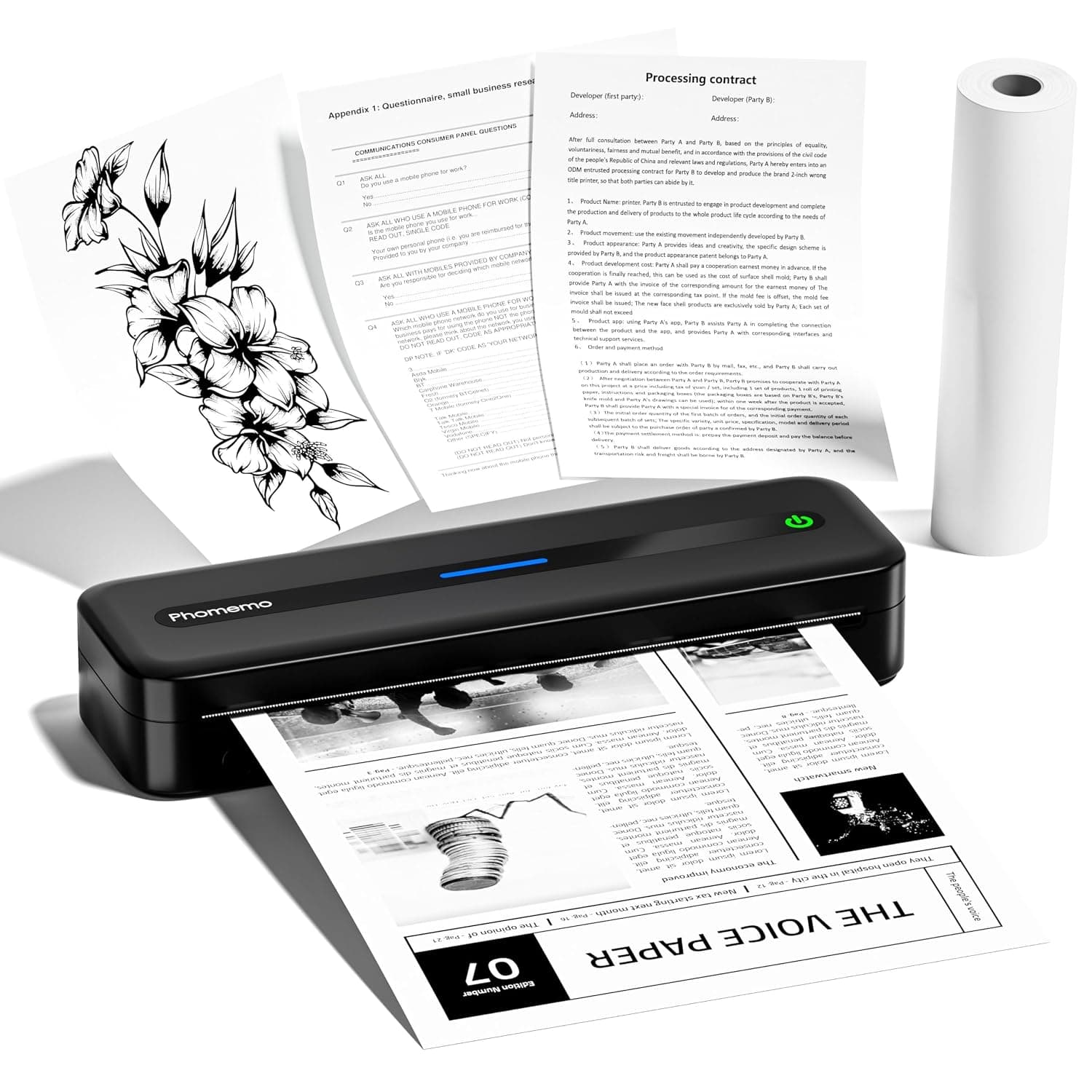 Phomemo M832 Portable Thermal Printer, Bluetooth Wireless Printer for Travel, Home, Office, Outdoors, Support 2’’, 3’’, 4’’ and A4 Thermal Paper, Compatible with Android and iOS, Black, 300dpi