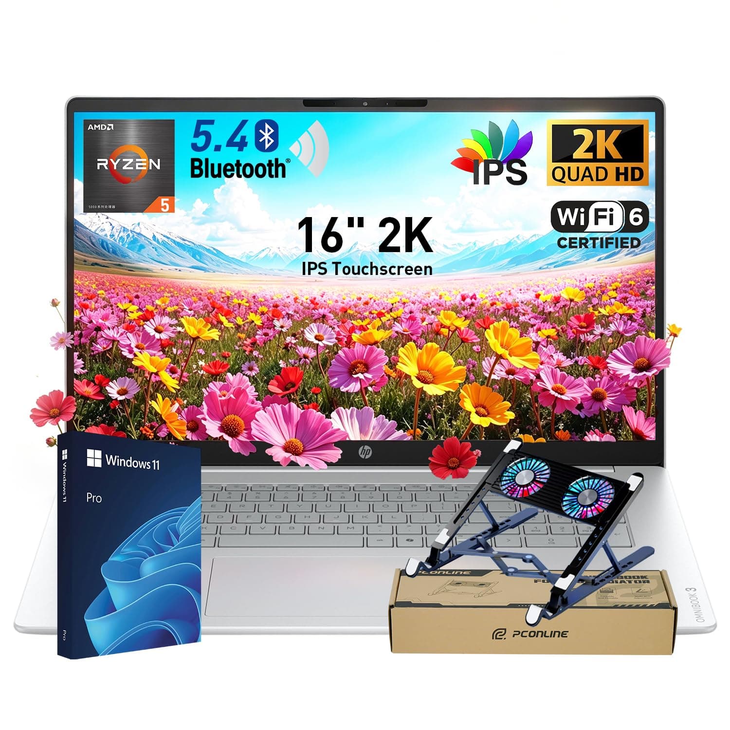 HP 2026 OmniBook 3 16" 2K IPS Touchscreen 300 nits Laptop, AMD Ryzen 5 40 CPU, 16GB RAM, 256GB SSD, Advanced AI Noise Reduction, Microsoft Copilot Key, Win11 Pro, w/Laptop Cooler, Glacier Silver