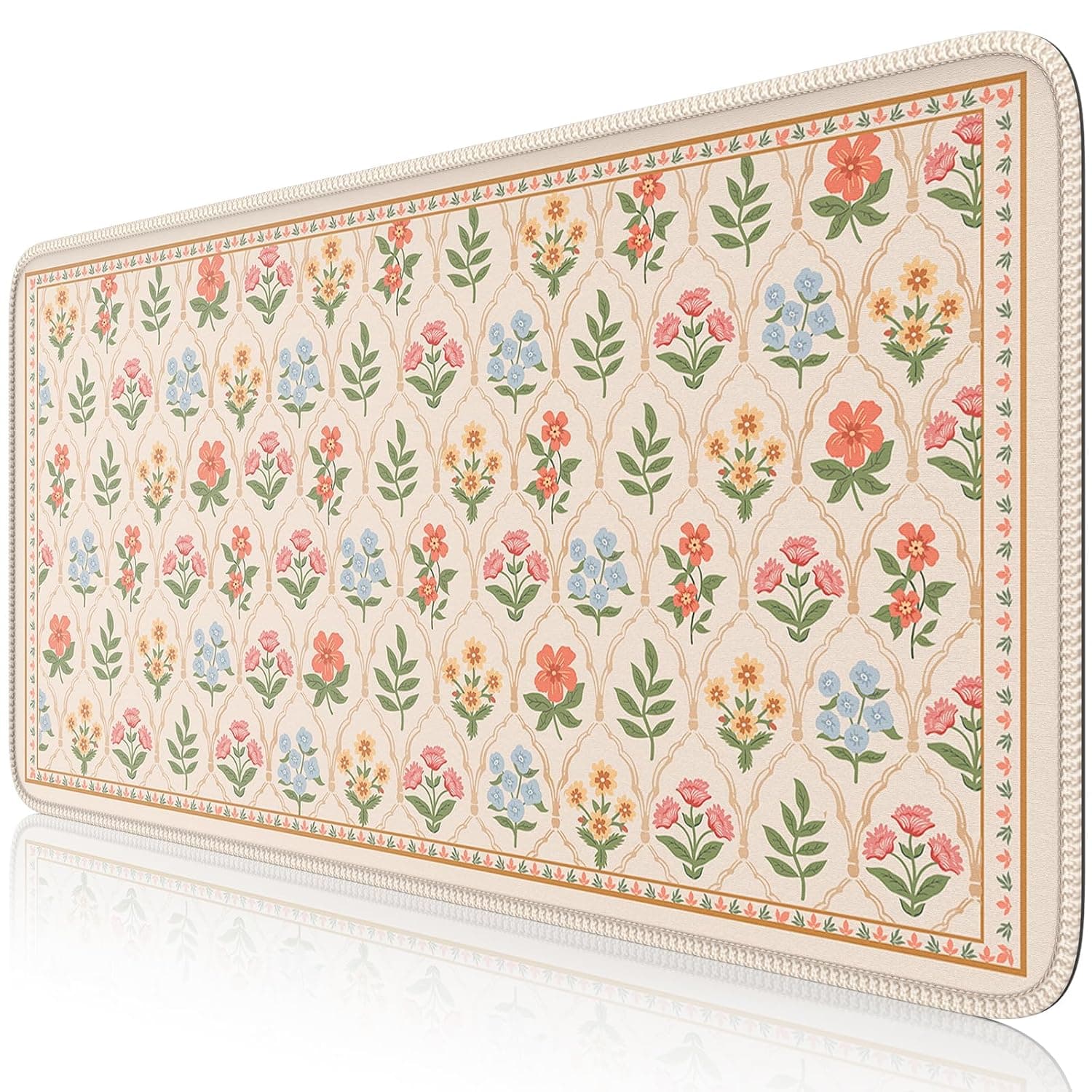 iCasso Floral Desk Pad Mat, Large Mouse Pad, Beige Moroccan | Desk Matt for Desktop, Anti-Slip XXL Big Mousepad with Stitched Edges for Computer Keyboard