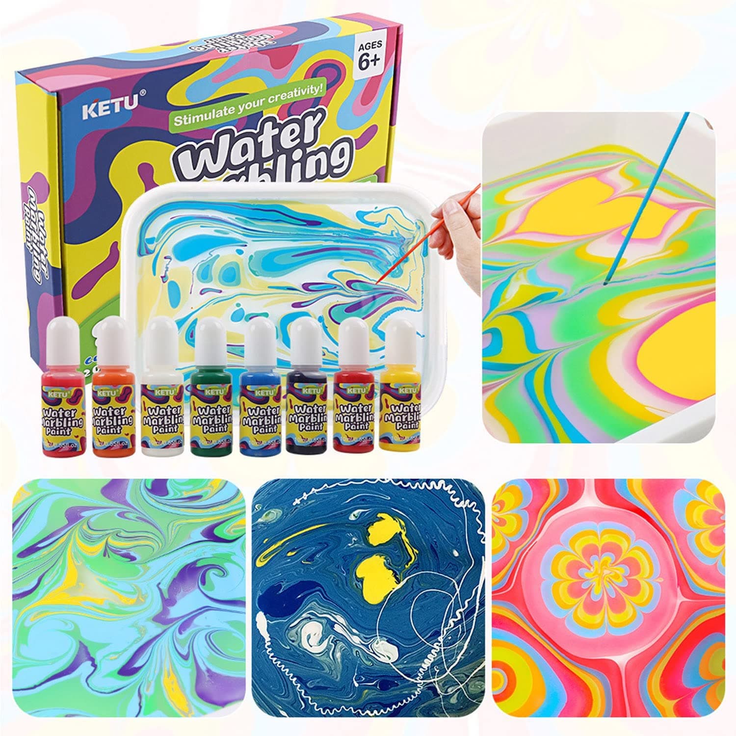 Beauenty Marbling Paint Arts and Crafts Kits 8 Watercolor Marble Painting Kit with Tray and Water Paper Color Set Craft Drawing Art Games Gift for Kids Girls Boys Diy Supplies (A)