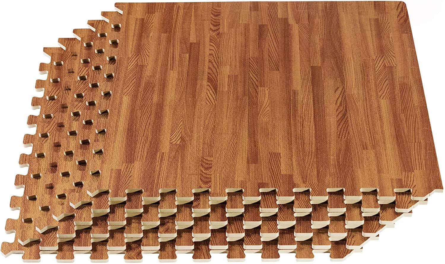 Angju 12pcs EVA Wood Grain Floor Mats, 1cm Thick Interlocking Exercise Mats, Protective Kids & Gym Equipment for Yoga, Outdoor Workouts (60x60cm)