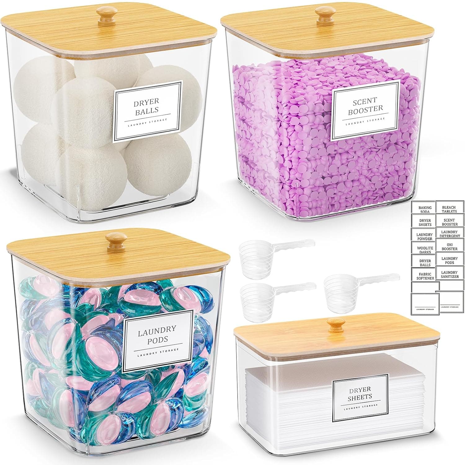 HomePekite 3+1 Laundry Pod Storage Boxes with Wooden Lids and Labels for Detergent Powder, Fragrance Booster for Laundry Room Organization, Clear