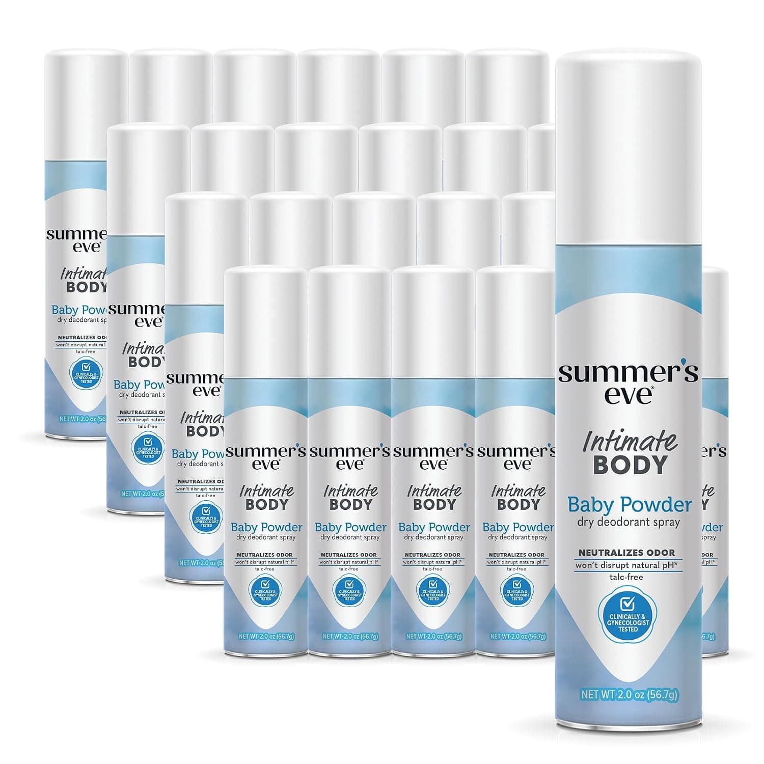 Summer's Eve Freshening Spray, Baby Powder, Gynecologist Tested, 2 Ounces Cans, Casepack of 24 Cans-Packaging May Vary | Talc-Free, Daily Gentle Body Spray for Women, Feminine Care that Neutralizes & Reduces Body Odor, Gynecologist-Tested