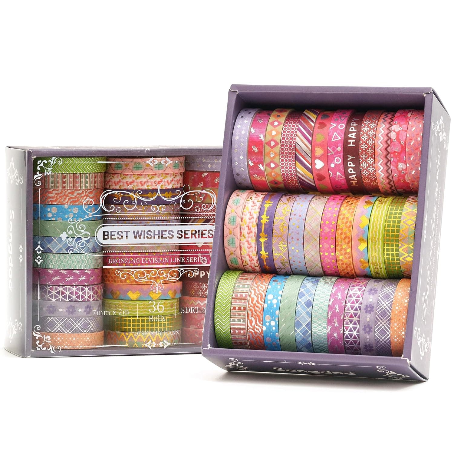 36 Rolls Skinny Washi Tape Set Gold Foil Detailing Arts Adhesive Tapes Basic Patterns Decorative Masking Tape Sets for Craft, Kids, Scrapbook, DIY, Gift Wrapping (Kawaii)