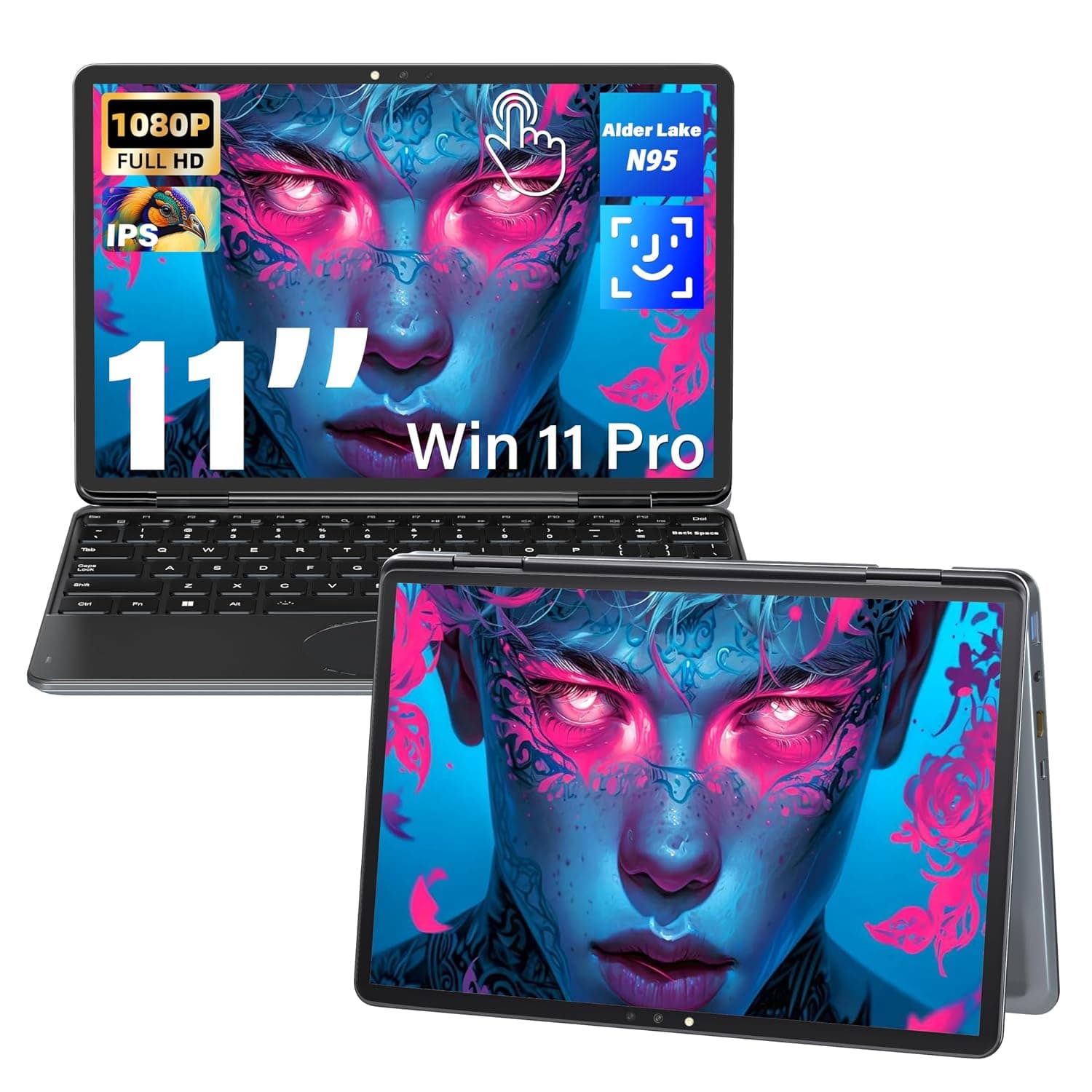 11" Gray 2-in-1 Convertible Touchscreen Laptop, FHD (1920x1200) IPS Display, N95 Processor, 8GB RAM 1TB SSD, Facial Recognition, Backlit Keyboard, USB-C, Win 11 Pro for Students & Travel