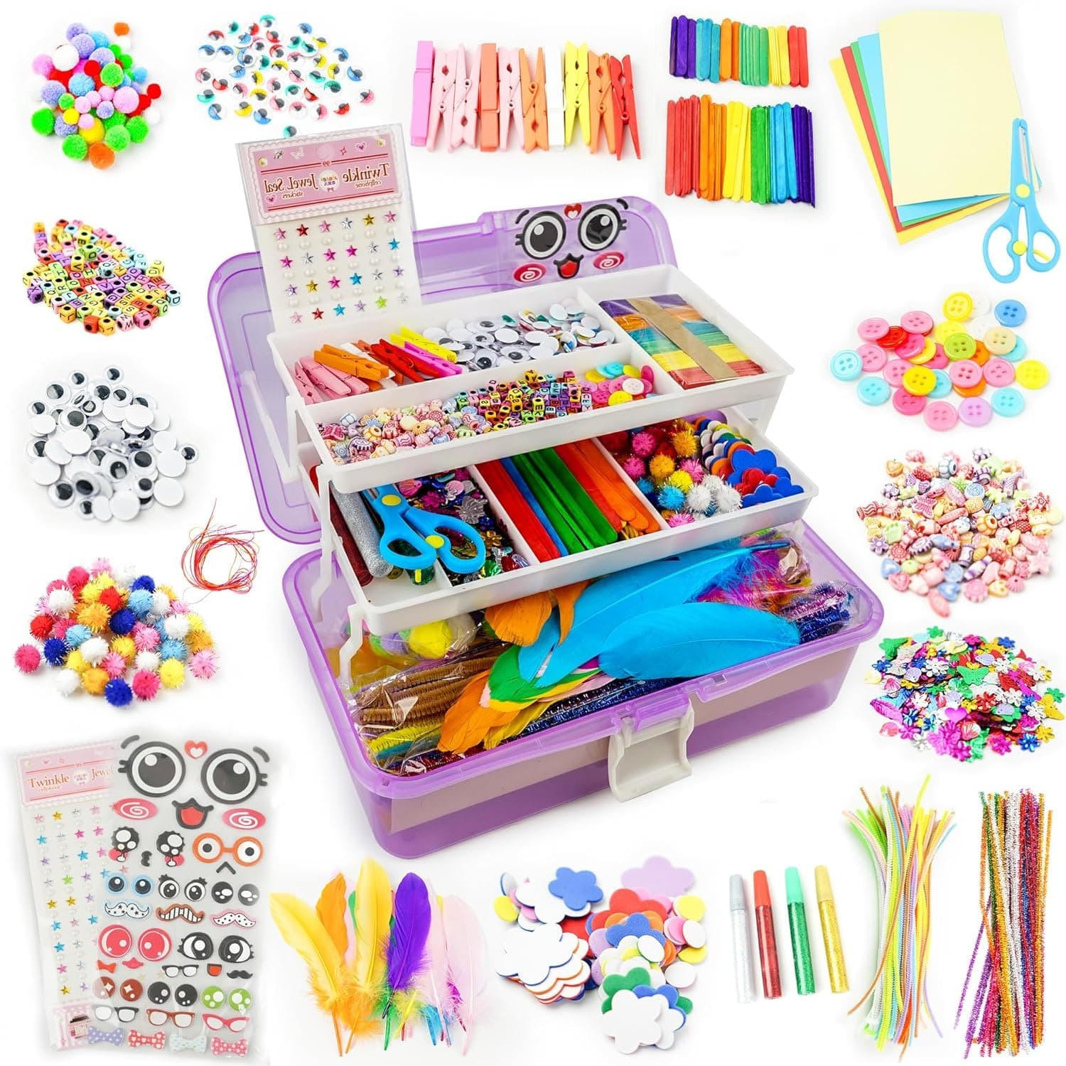 0TO1 Arts Craft Supplies for Kids, 1000+ PCS Toddler DIY Craft Art Supply Set, Portable 3 Layered Folding Storage Box School Craft Projects, Gifts for Girls Crafts for Girls Ages 4-12