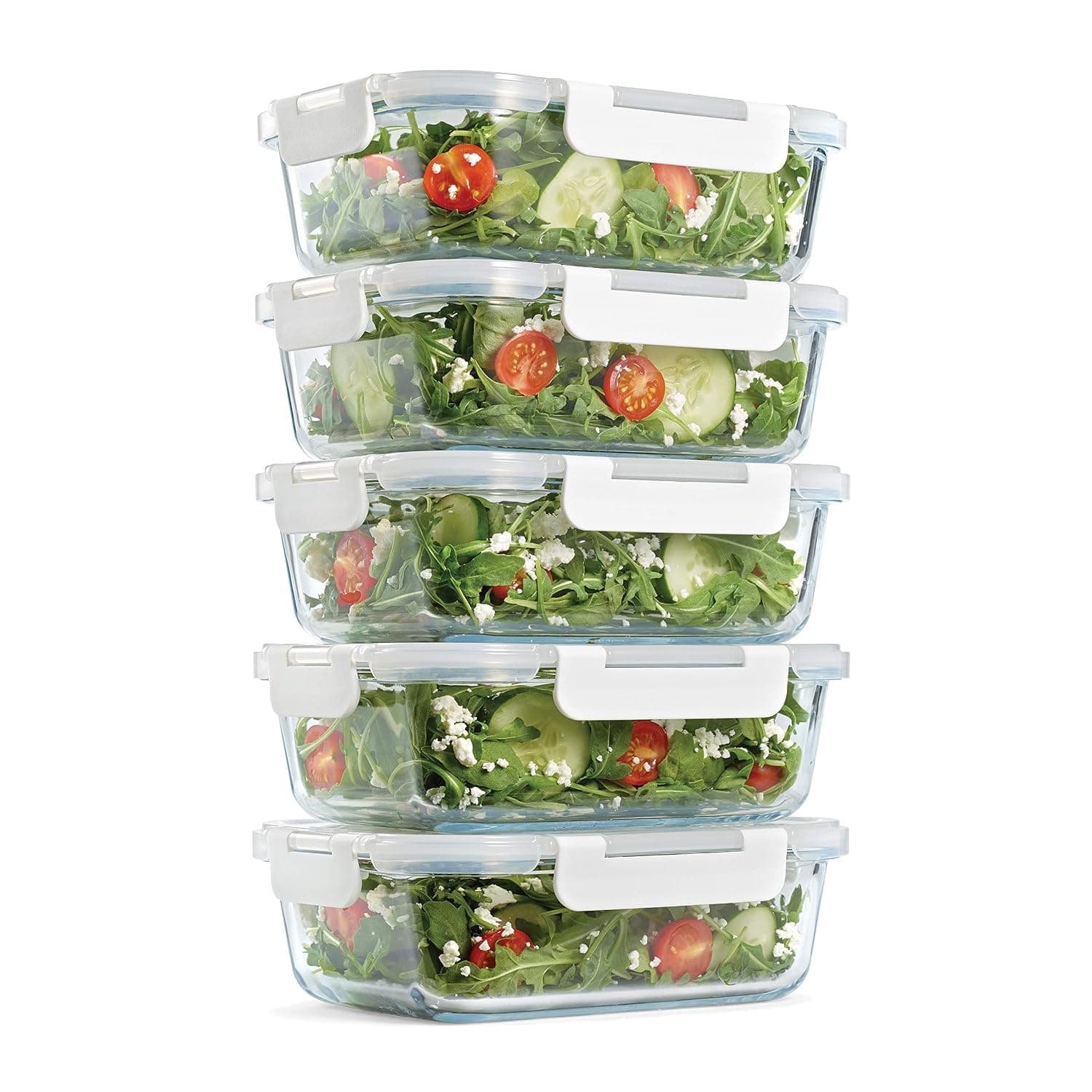 Fit & Fresh Glass Containers, Set of 5 Rectangular Meal Prep Containers with 4-Way Locking Lids, 35 oz, Clear, Minimalist Style