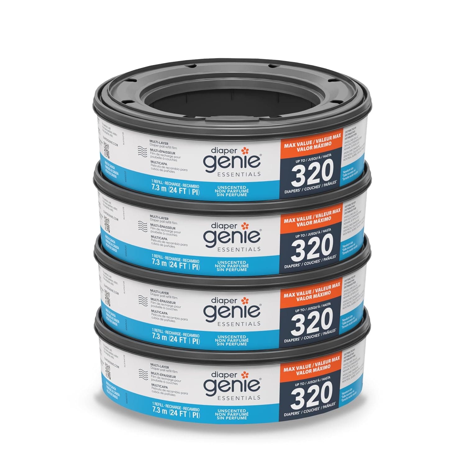 Diaper Genie Essentials Round Refill Pack of 4 | Holds Up to 1280 Newborn Diapers | Features Unscented Continuous Film | Compatible with Diaper Genie Complete and Expressions Pails