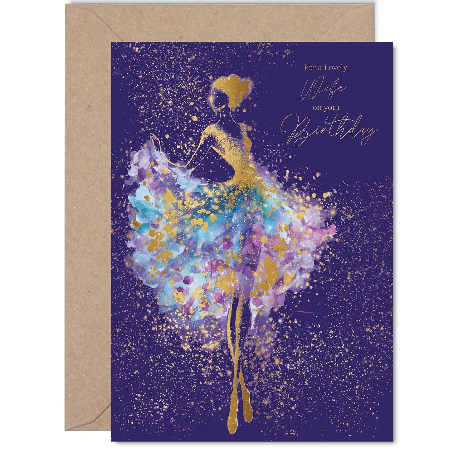 Gold Wife Birthday Card - Dancing Ballerina - Happy Birthday Card for Wife from Husband Partner, 5x7 Inch Golden Luxury Elegant Silhouette Bday Greeting Cards