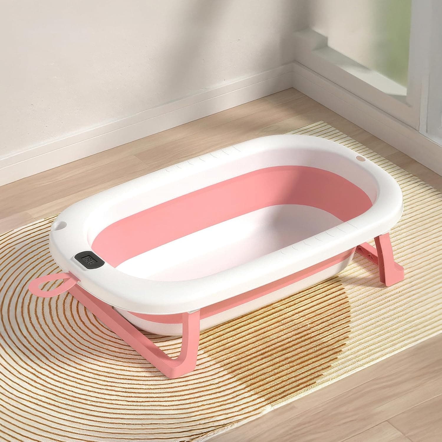 RENOVO Baby Bath Tub with Digital Thermometer, Drain Plug and Hanging Ring Portable Travel Friendly Anti-Skid Collapsible Bathtub for Kids, Pink