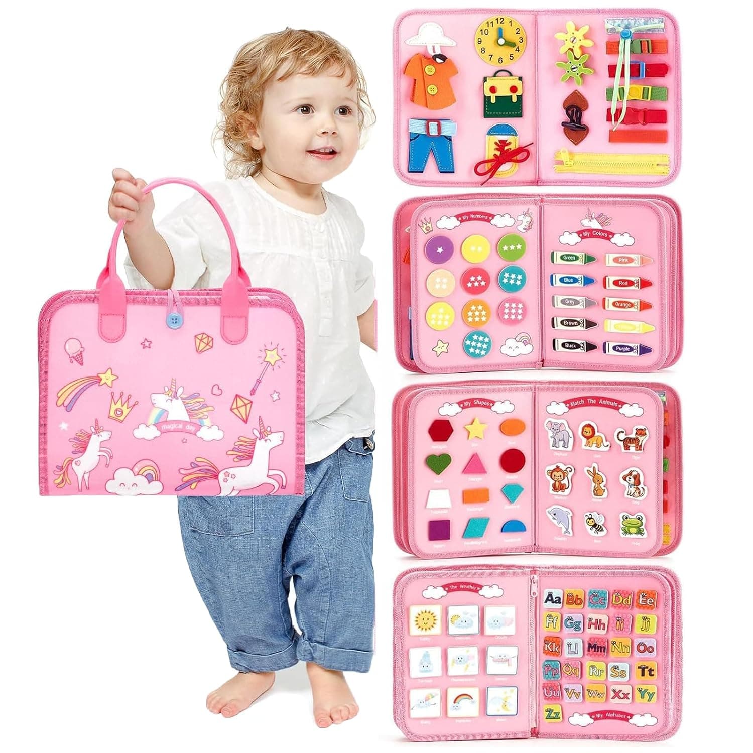 Busy Board for Toddlers, Montessori Toys for 3+ Years Old, Busy Book for Educational Activities Playing, Baby Travel Toys for Plane Car, Birthday Gifts for Girls Boys (Pink)