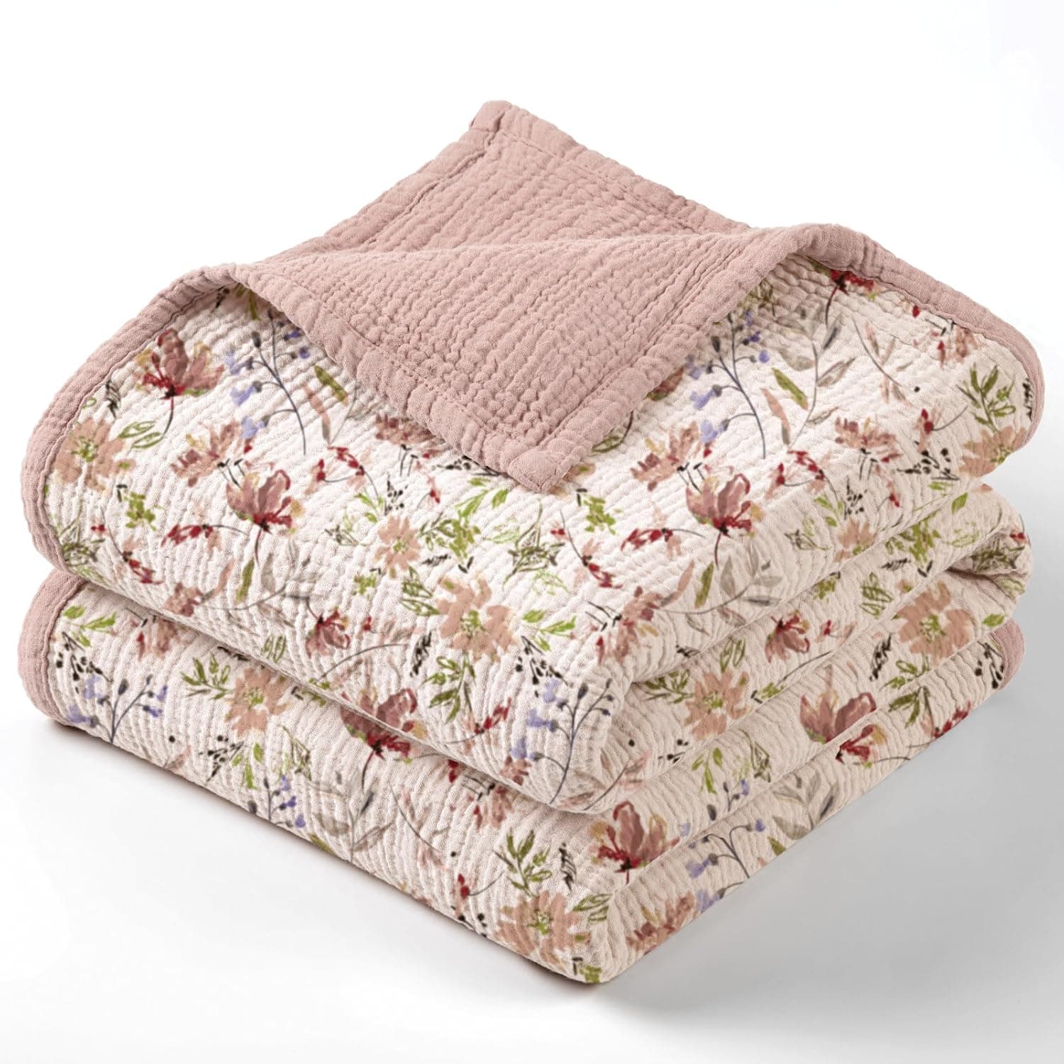 lulumoon Muslin Baby Blanket for Girl: Floral Cotton Toddler Blanket - Soft Lightweight for Nursery & Daycare 47"× 47"(Pink Flower)