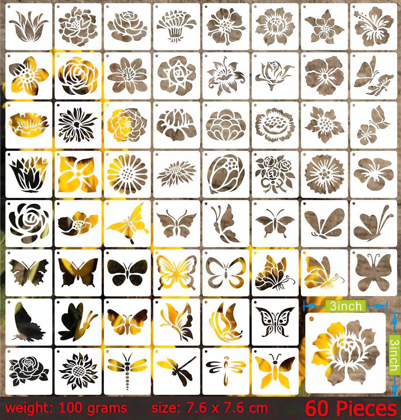 Butterfly, Flower, Dragonfly Paint Stencils - 60Pcs Different Templates for Painting Spraying, Sponge Roller Painting, Crayon Drawing, DIY Craft (7.6 x 7.6cm)