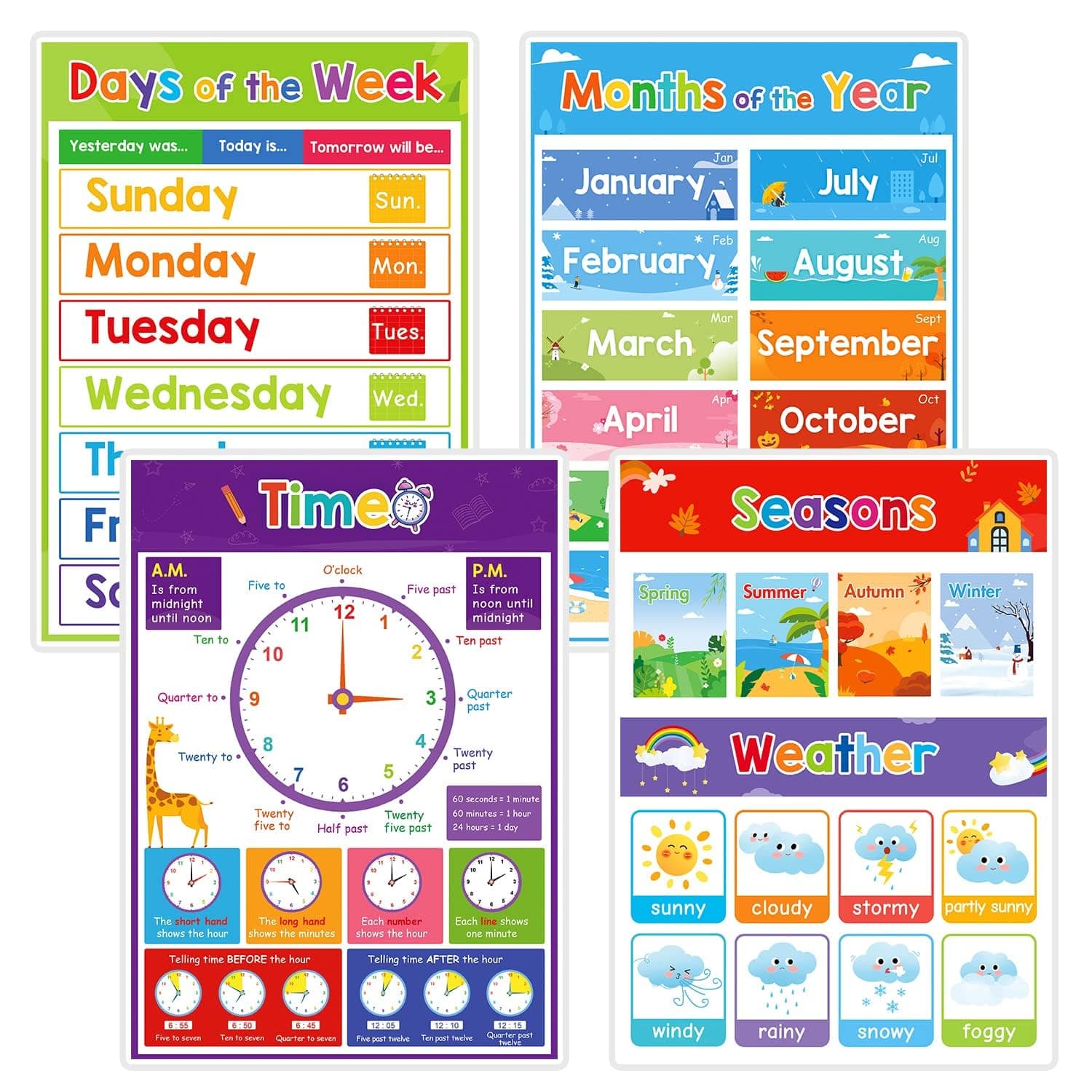 4 Pcs Educational Posters for Kids – Week, Months, Seasons & Time Learning Flashcards – Classroom Teaching Aids & Home Kindergarten Decoration – A4 Size 8.26 x 11.22 Inch