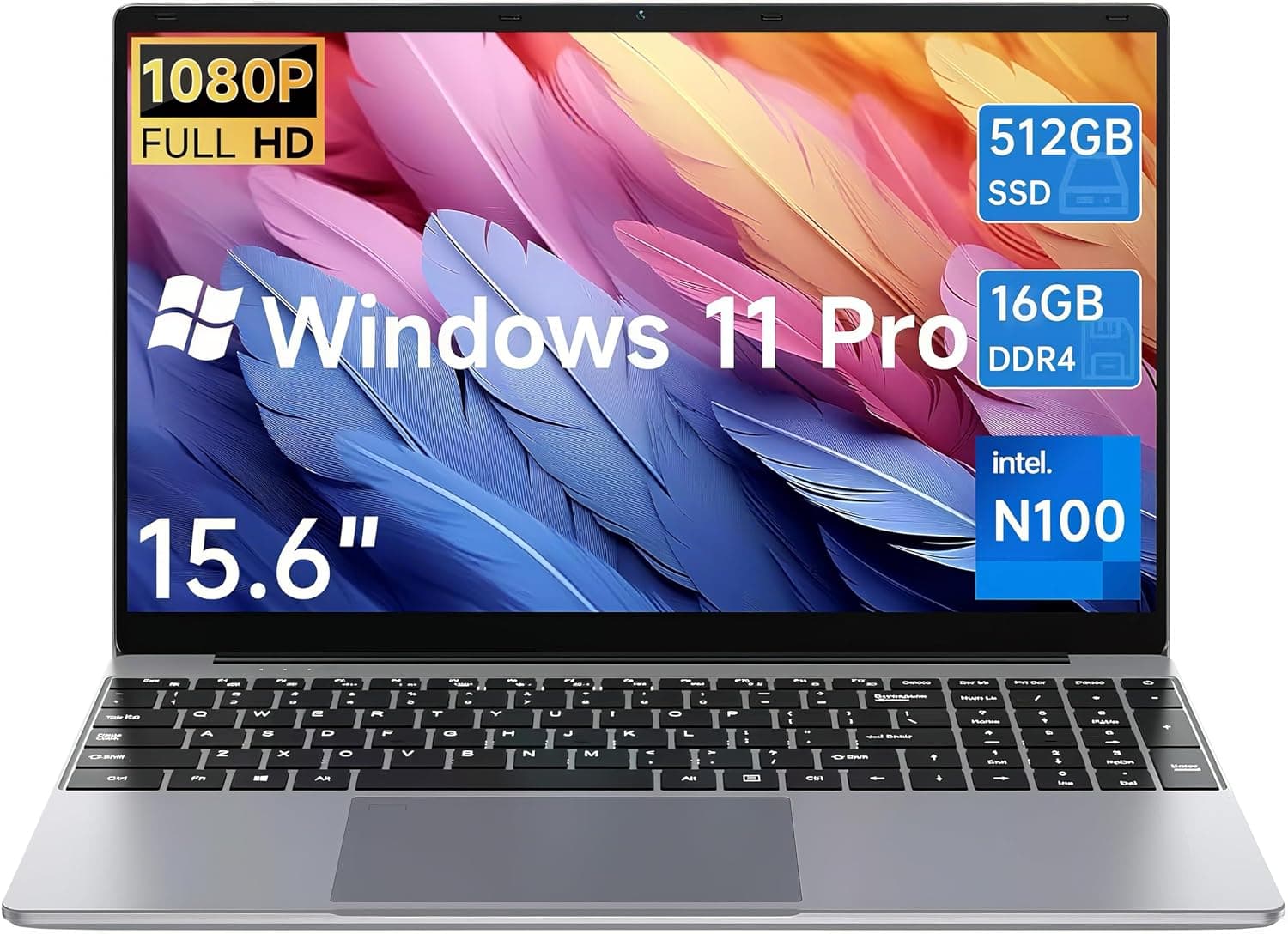 2026 Latest 15.6 Inch Laptop, Win 11 Pro laptop computer, 16GB RAM, 512GB SSD, Pentium Quad Core N100 CPU, FHD 1920x1080 Display, Dual-Band WiFi, Bluetooth 4.2, 4K Video, Type-C, 7.6V/6500mAh Battery