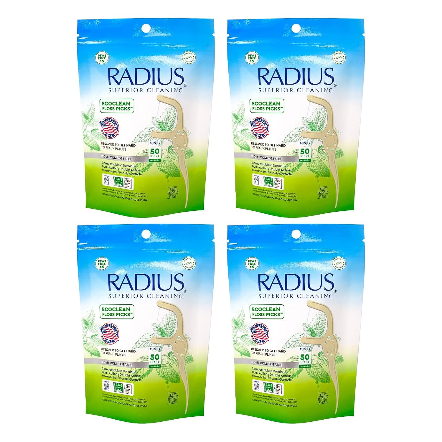 RADIUS Peppermint EcoClean Compostable Floss Picks Adult for Oral Care Boost Non Toxic Tooth & Gum Protection (50 Single Use Flossers per Pack) - Pack of 4
