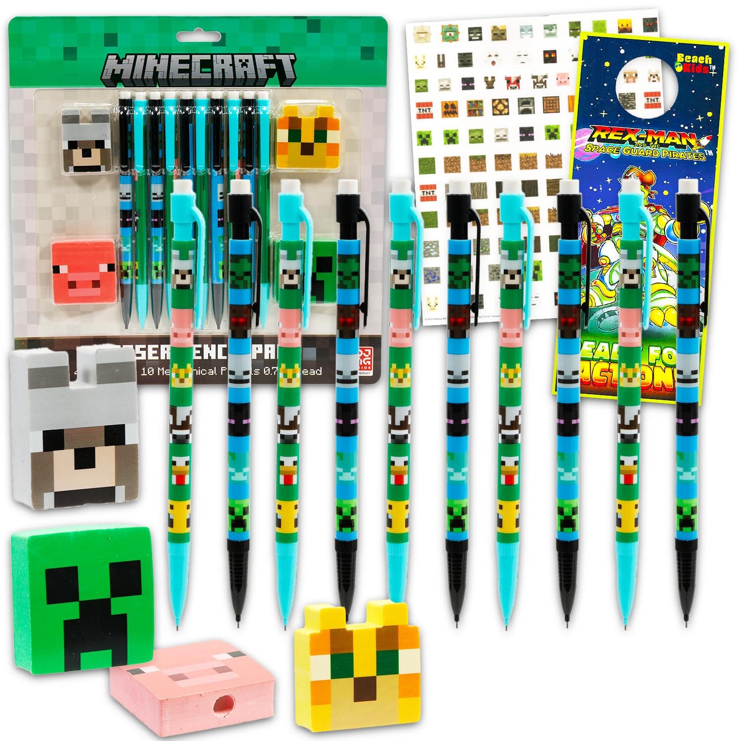 Minecraft 10 Count Mechanical Pencils for Classroom Set - School Supplies Bundle with 10 Pencils, 4 Erasers, Plus Stickers, More School Supplies for Kids, Boys, Girls
