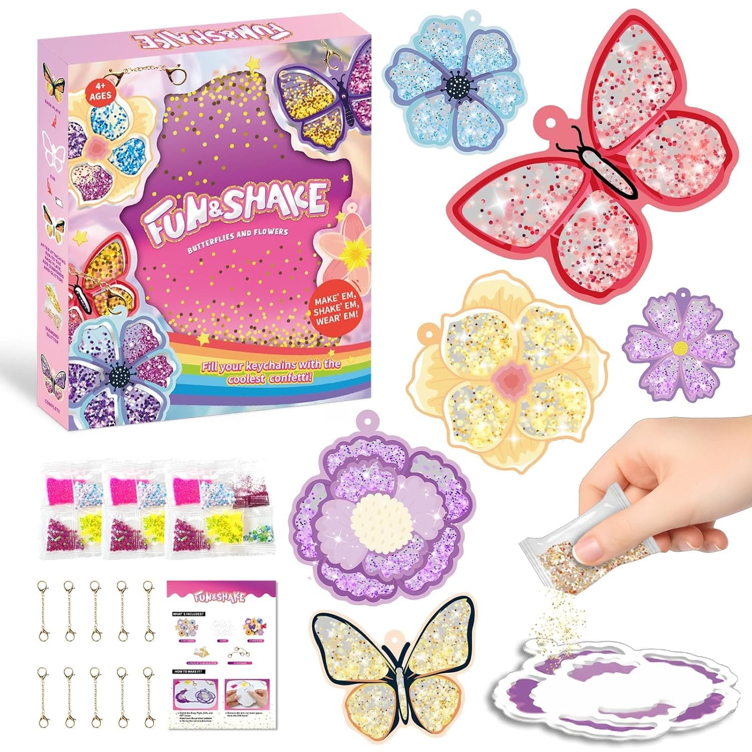 Mess-Free DIY Arts and Crafts Kit with Keychains, 10 Designs, Mosaic Patterns of Flower and Butterfly, Creative Fun Handcraft Glitter Activities, Party Favor & Birthday Eid Gift for Kids Girls Ages 4+