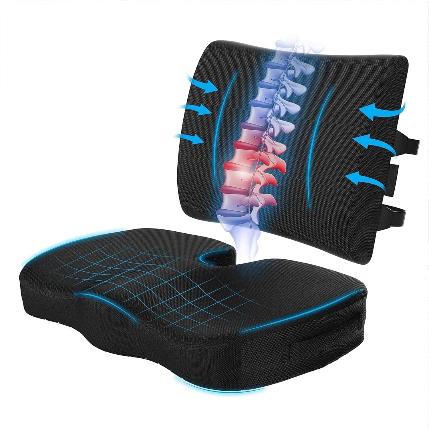 Lumbar Support Pillow for Office Desk Chair Memory Foam Car Seat Cushion & Back Pillow, Ergonomic Sitting Pads,Long Lasting Comfort Support Pillow Memory Foam Bottom Cushion