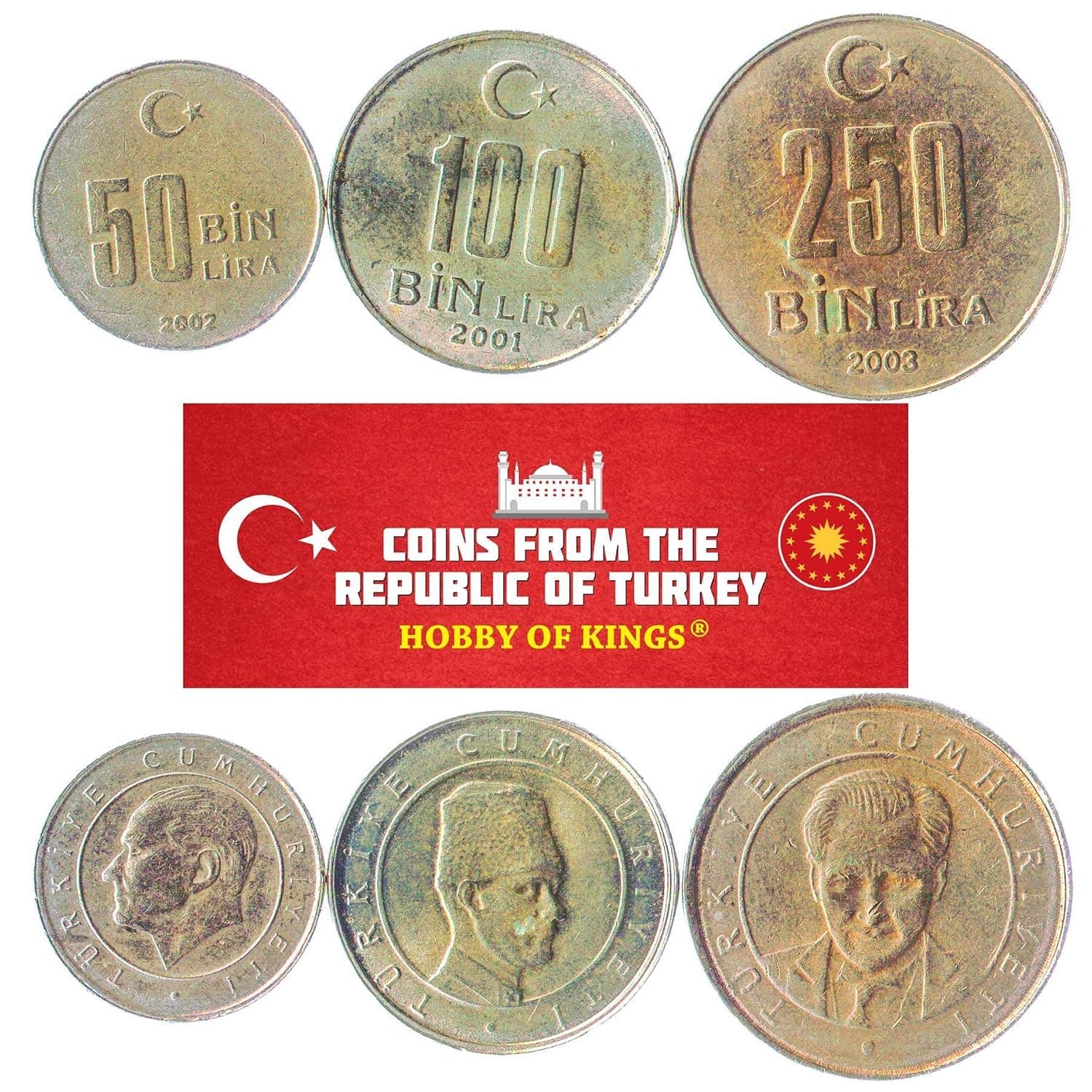 HOBBY OF KINGS 3 Coins from Turkey | Turkish Coin Set Collection 50000 100000 250000 Lira | Circulated 2001-2004 | Mustafa Kemal Atatürk | Crescent and Star