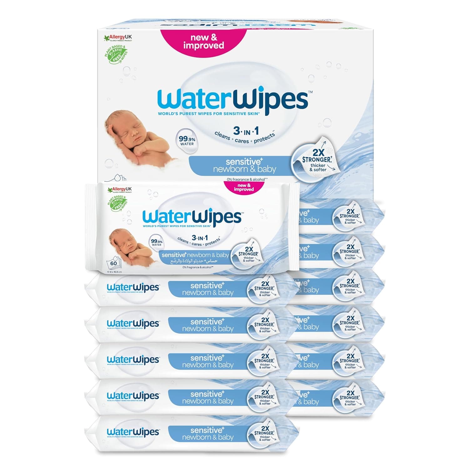 WaterWipes Sensitive+ Newborn & Baby Wipes, 99.9% Water, Unscented, 12 Pack | 3-in-1, cleans, cares & protects, hypoallergenic formula, 0% fragrance & alcohol, 720 count for everyday use