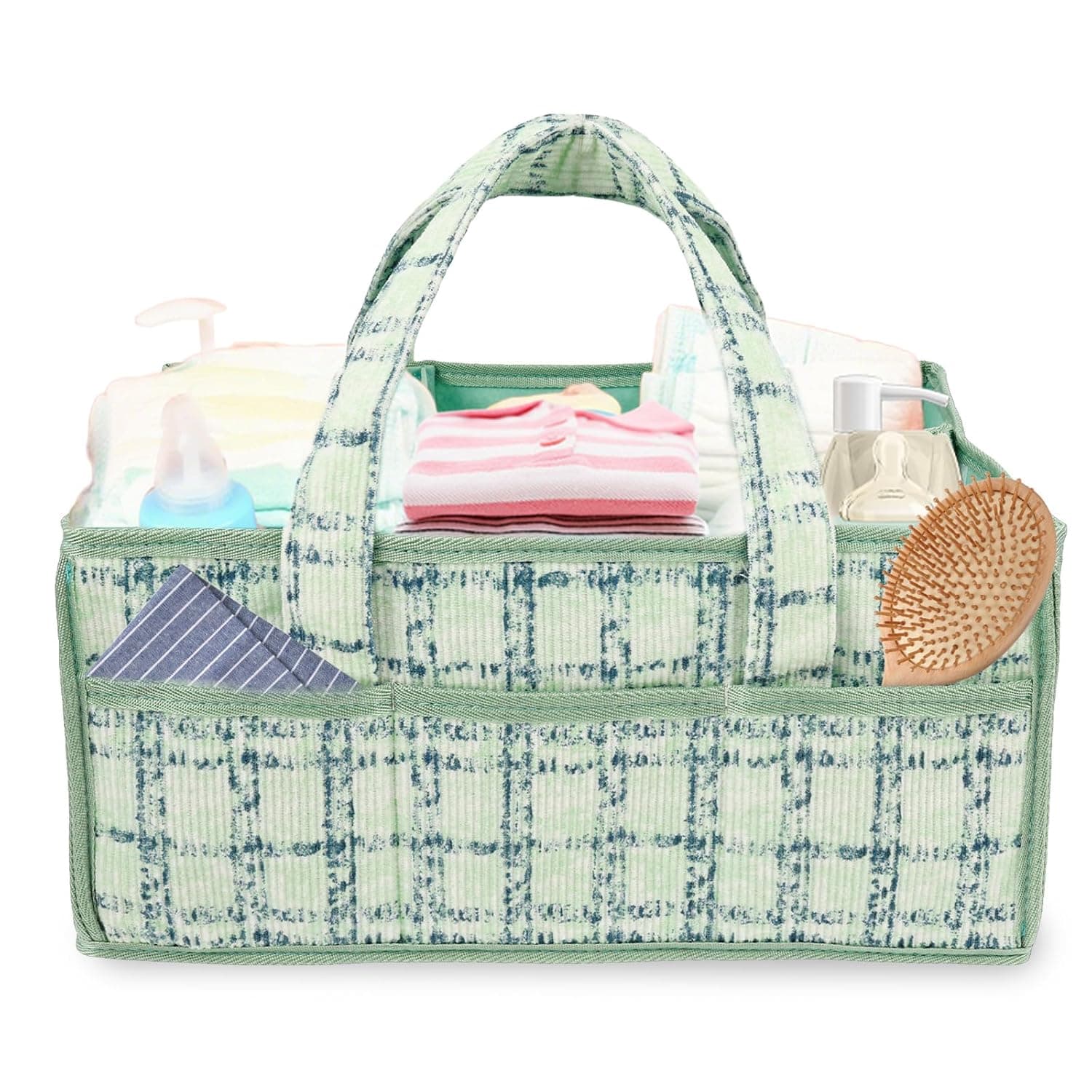 Baby Nappy Caddy Nursery Storage Bin with Compartments and Handle Portable Baby Diaper Caddy Organizer, Newborn Nappy Wipes Basket Easy to Clean Newborn Essentials for Boy or Girl(Green)